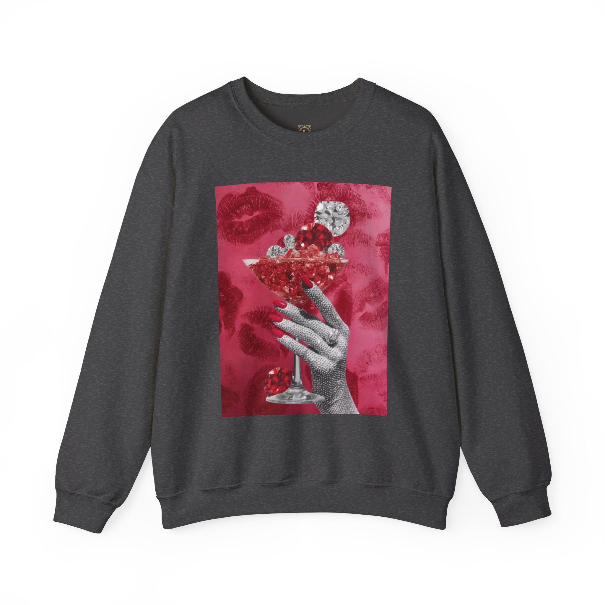 Crewneck Sweatshirt — Glamorous Red Cocktail Collage (Hand Holding Glass, Lip Print)