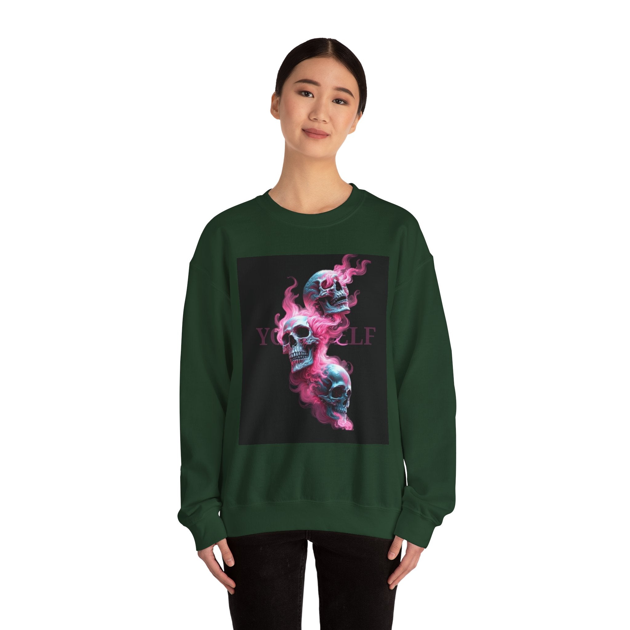 Skull Smoke Crewneck Sweatshirt — Neon Pink & Blue Gothic Graphic