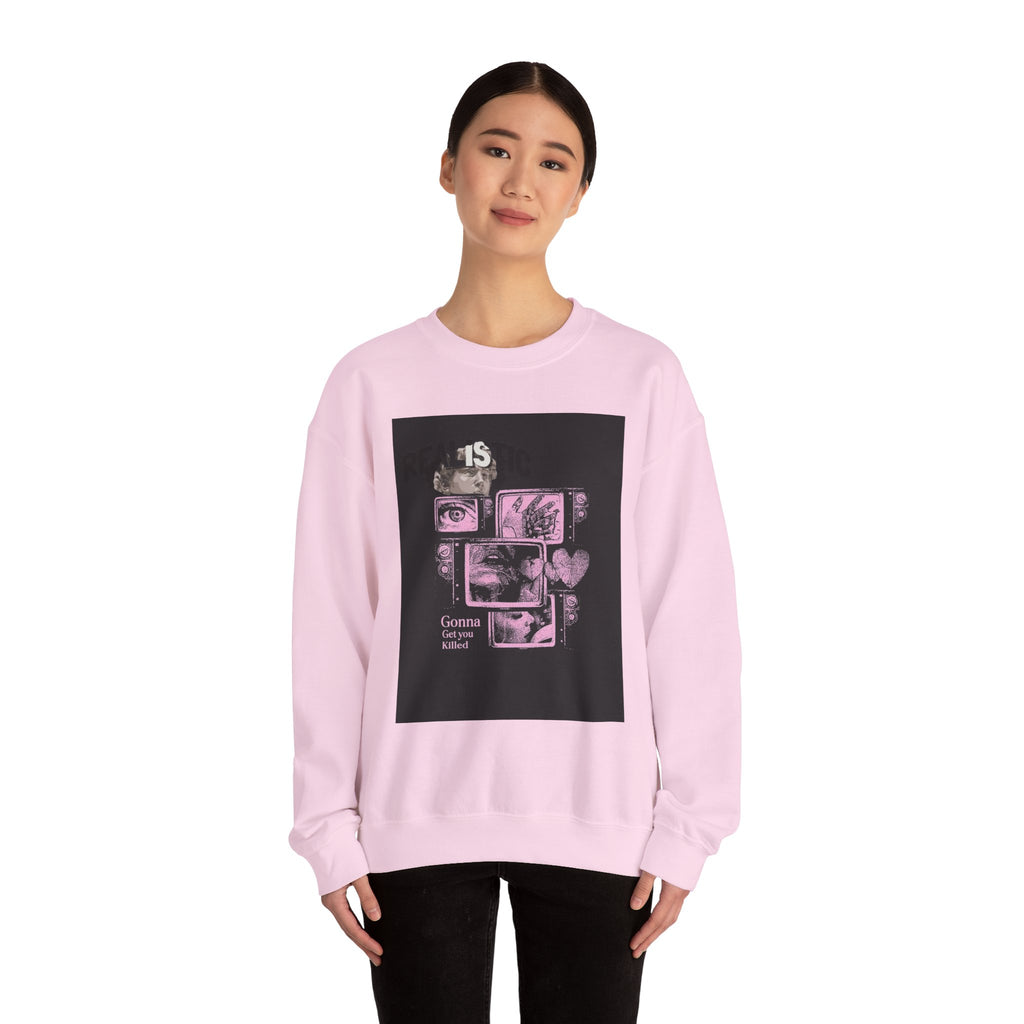 Crewneck Sweatshirt — Pink Collage Eyes Graphic “Gonna Get You, Kiddo”