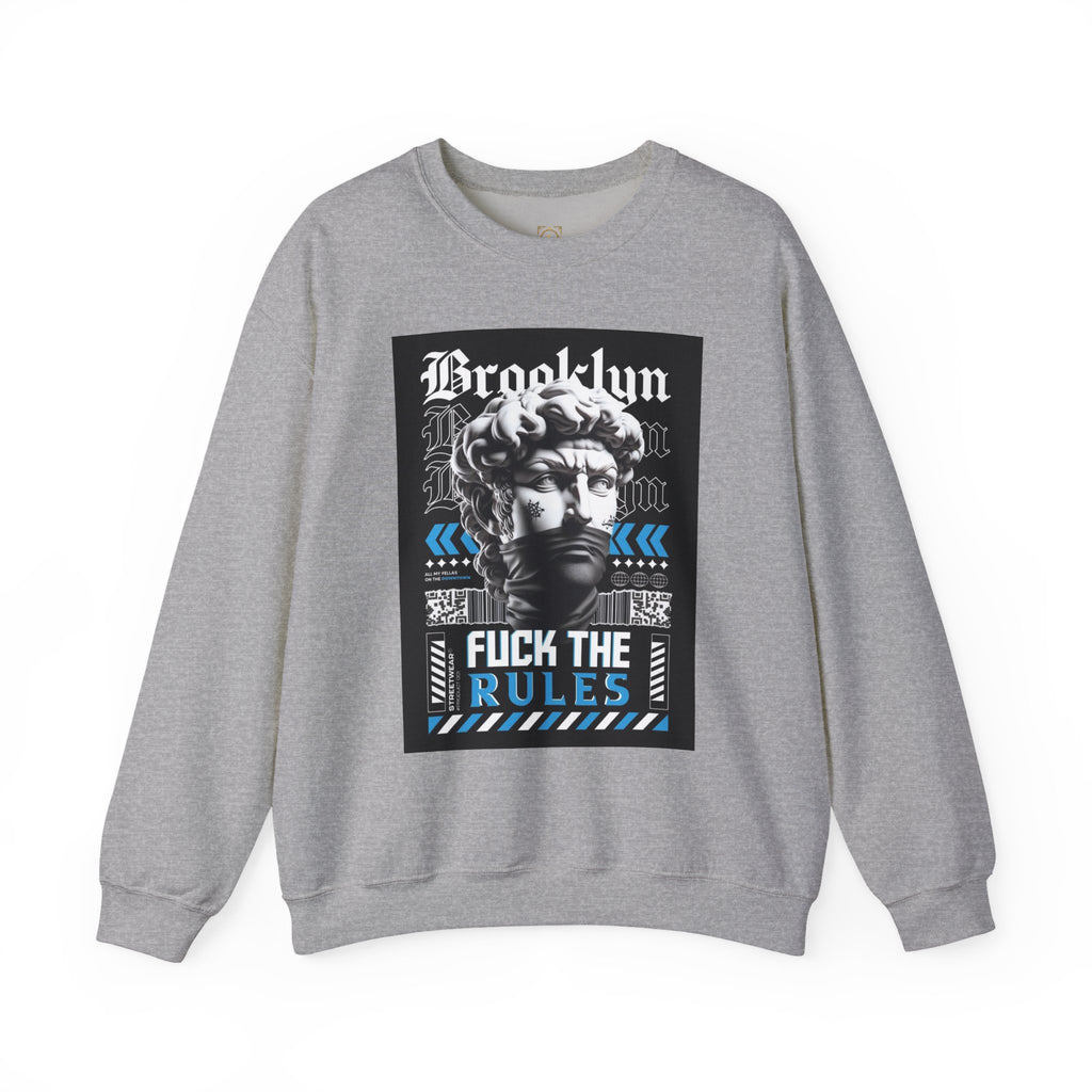 Crewneck Sweatshirt — 'Brooklyn' Statue Graphic with “Fuck the Rules” Streetwear Slogan