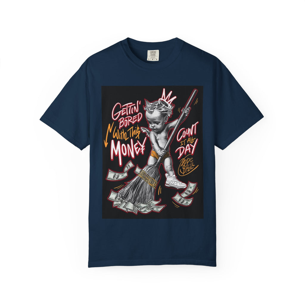 Cat Broomstick Money Tee — "Gettin' Bored With This Money" Graphic T-Shirt