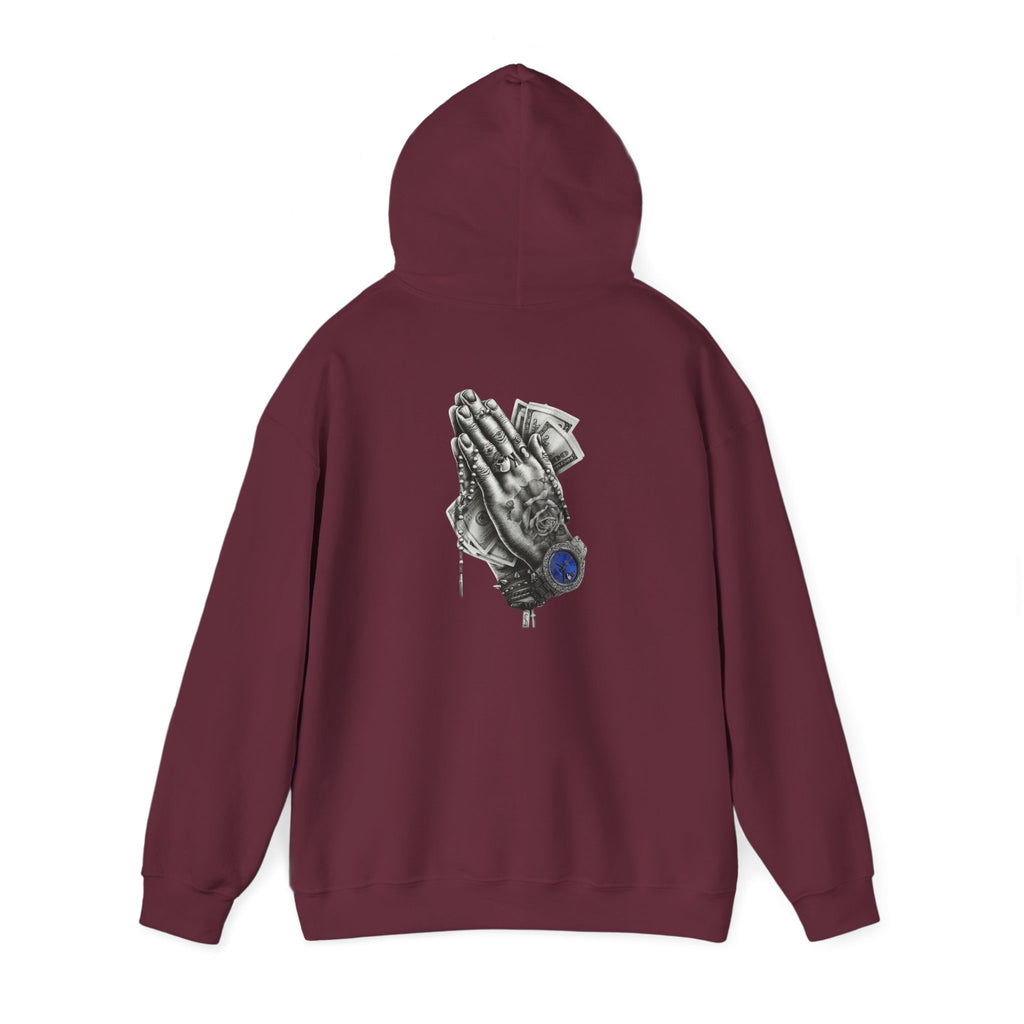 Hoodie — Praying Hands Graphic Hoodie with Blue Rose Accent