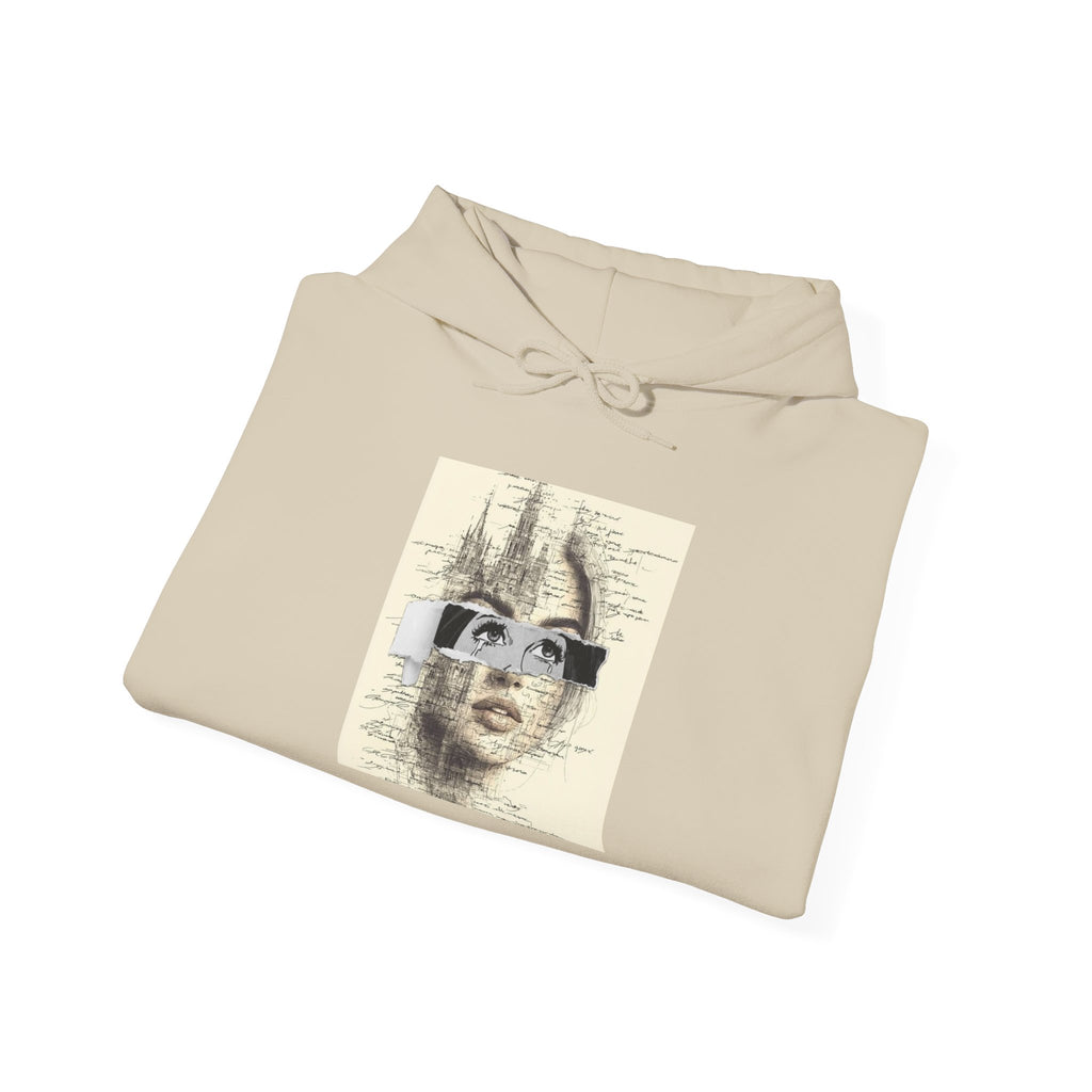 Artistic Face Collage Hoodie — Vintage Script Portrait Sweatshirt