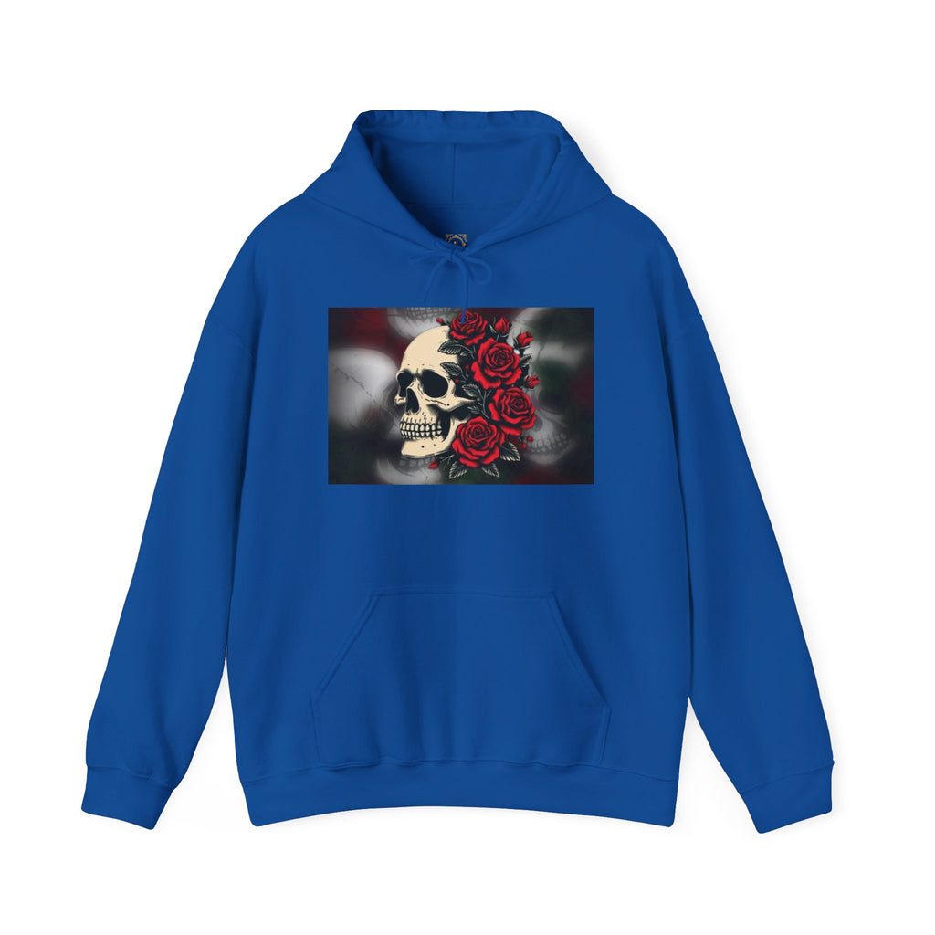 Skull with Red Roses Hoodie — Gothic Floral Skull Sweatshirt