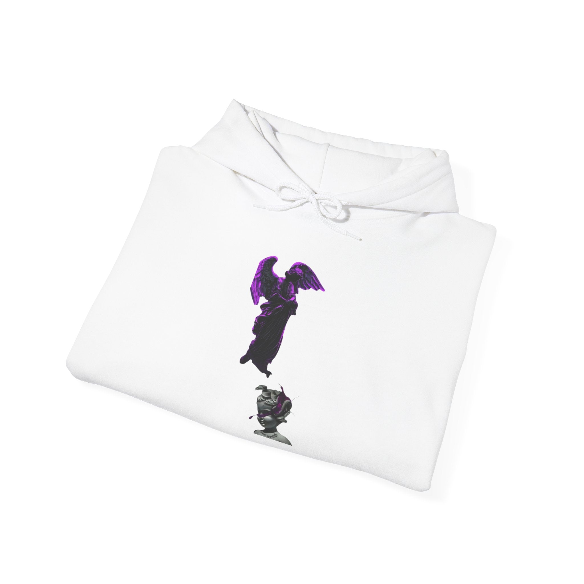 Angel Statue Hoodie — Gothic Purple Accent Sculptural Graphic Hoodie