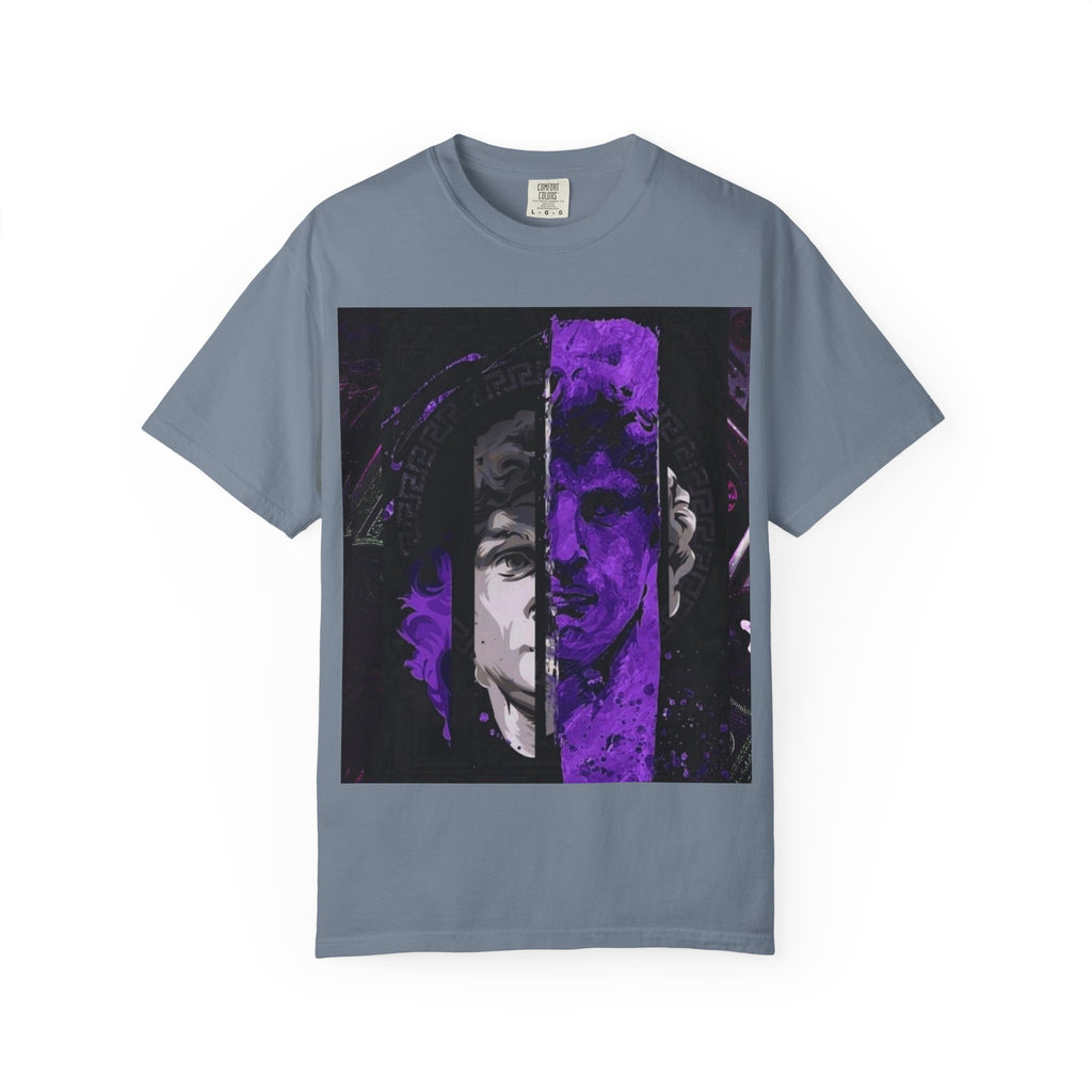 Dramatic Split-Face Graphic T-Shirt — Purple Noir Portrait Tee