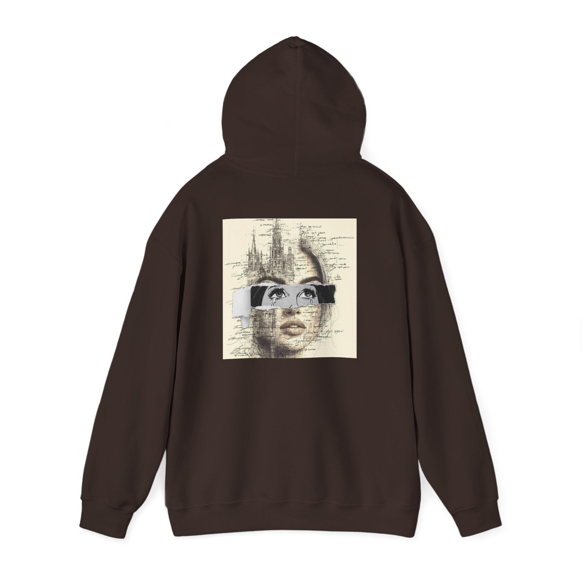 Artistic Face Collage Hoodie — Vintage Script Portrait Sweatshirt