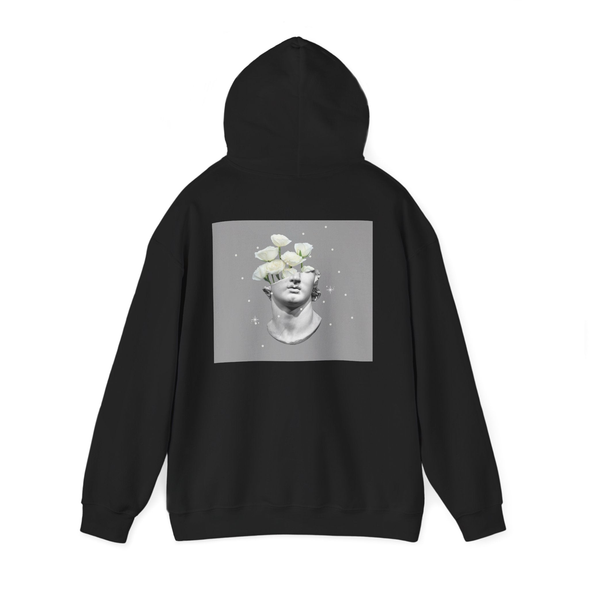 Statue Bloom Hoodie — Classical Bust with White Flowers Graphic Hoodie