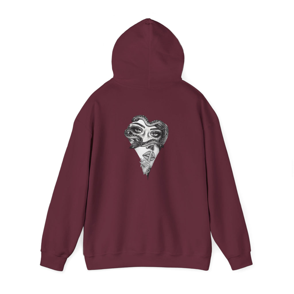 Abstract Heart Mask Hoodie — Surreal Black & White Graphic Pullover