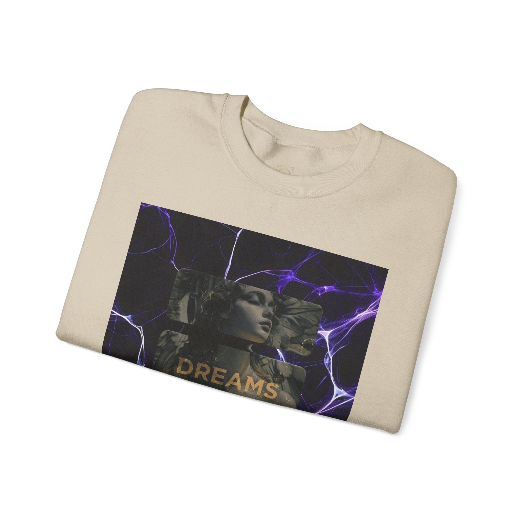 Dreams Statue Crewneck Sweatshirt — Retro Statue Graphic with Purple Lightning