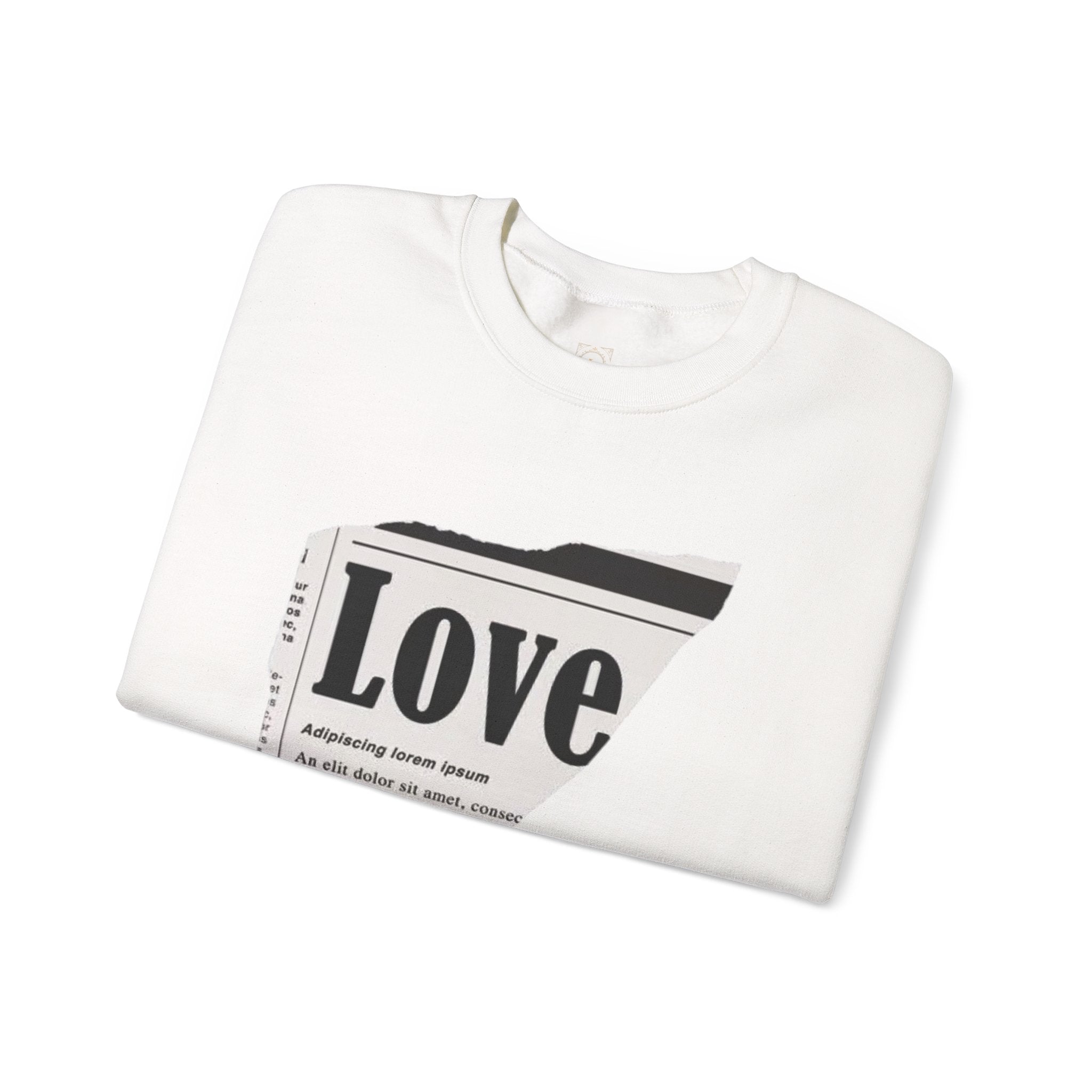 Crewneck Sweatshirt — 'Love' Newspaper Graphic with 'Oh Wait,' Text