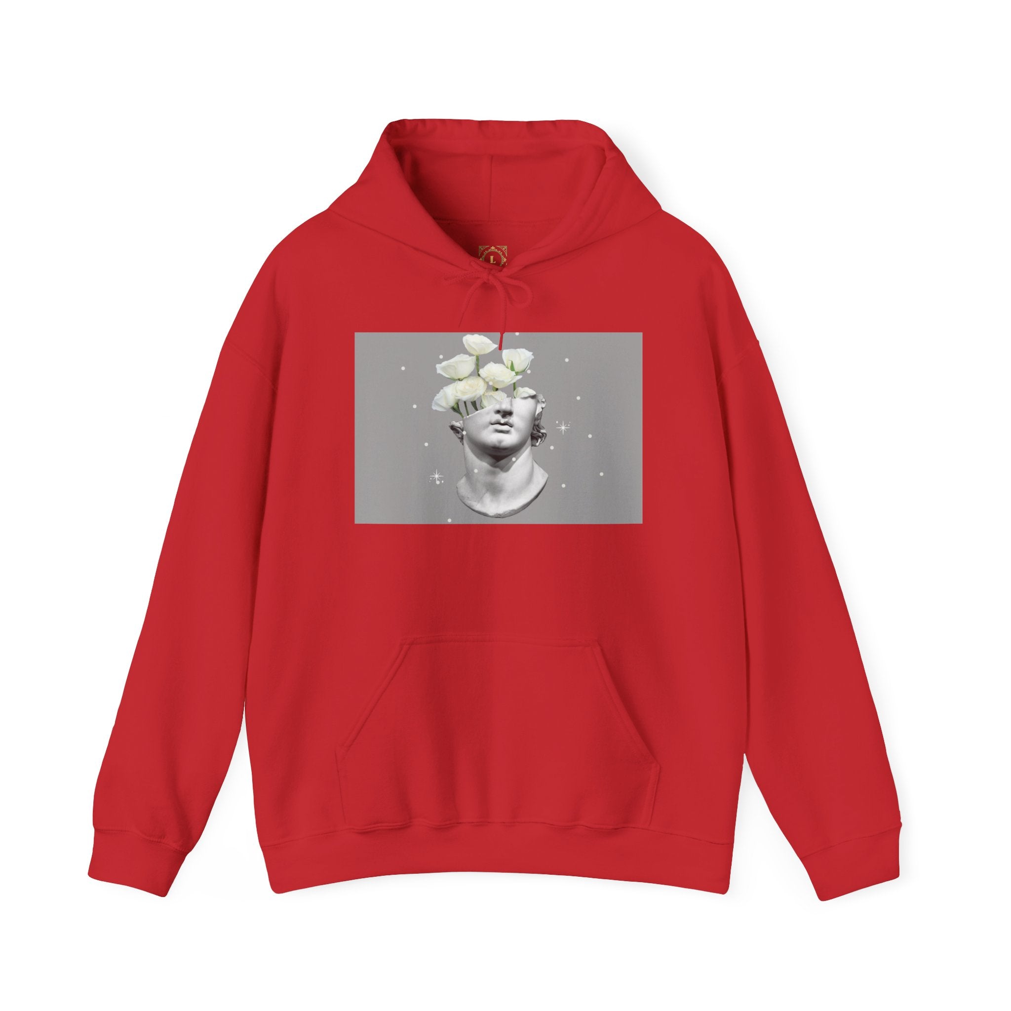 Statue Bloom Hoodie — Classical Bust with White Flowers Graphic Hoodie