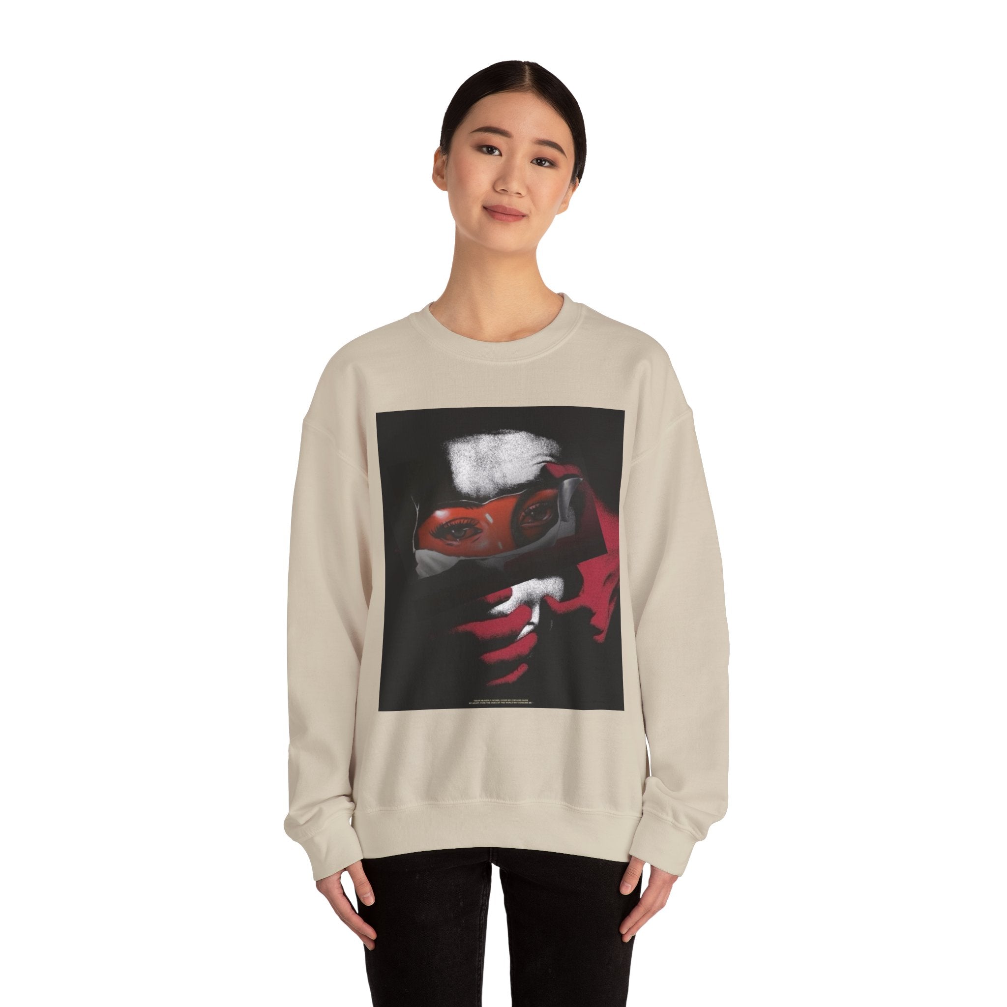 Masked Red Eyes Crewneck Sweatshirt — Graphic Streetwear with 'Legaciess' Back Logo