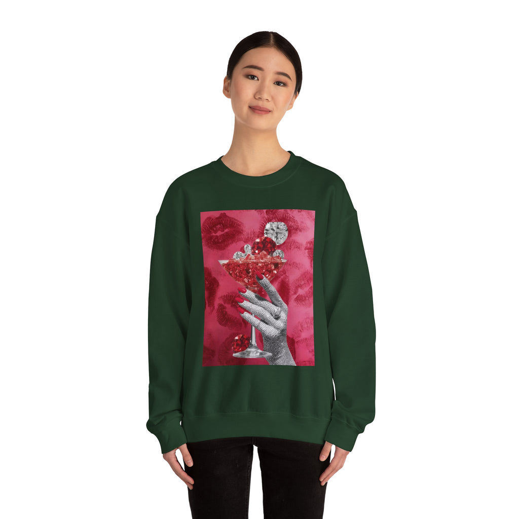 Crewneck Sweatshirt — Glamorous Red Cocktail Collage (Hand Holding Glass, Lip Print)