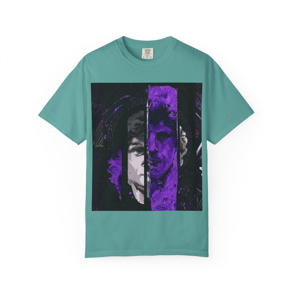 Dramatic Split-Face Graphic T-Shirt — Purple Noir Portrait Tee