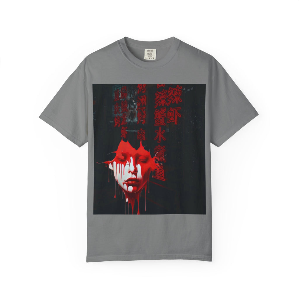 Horror Portrait Tee — Dripping Red Face with Japanese Script Graphic