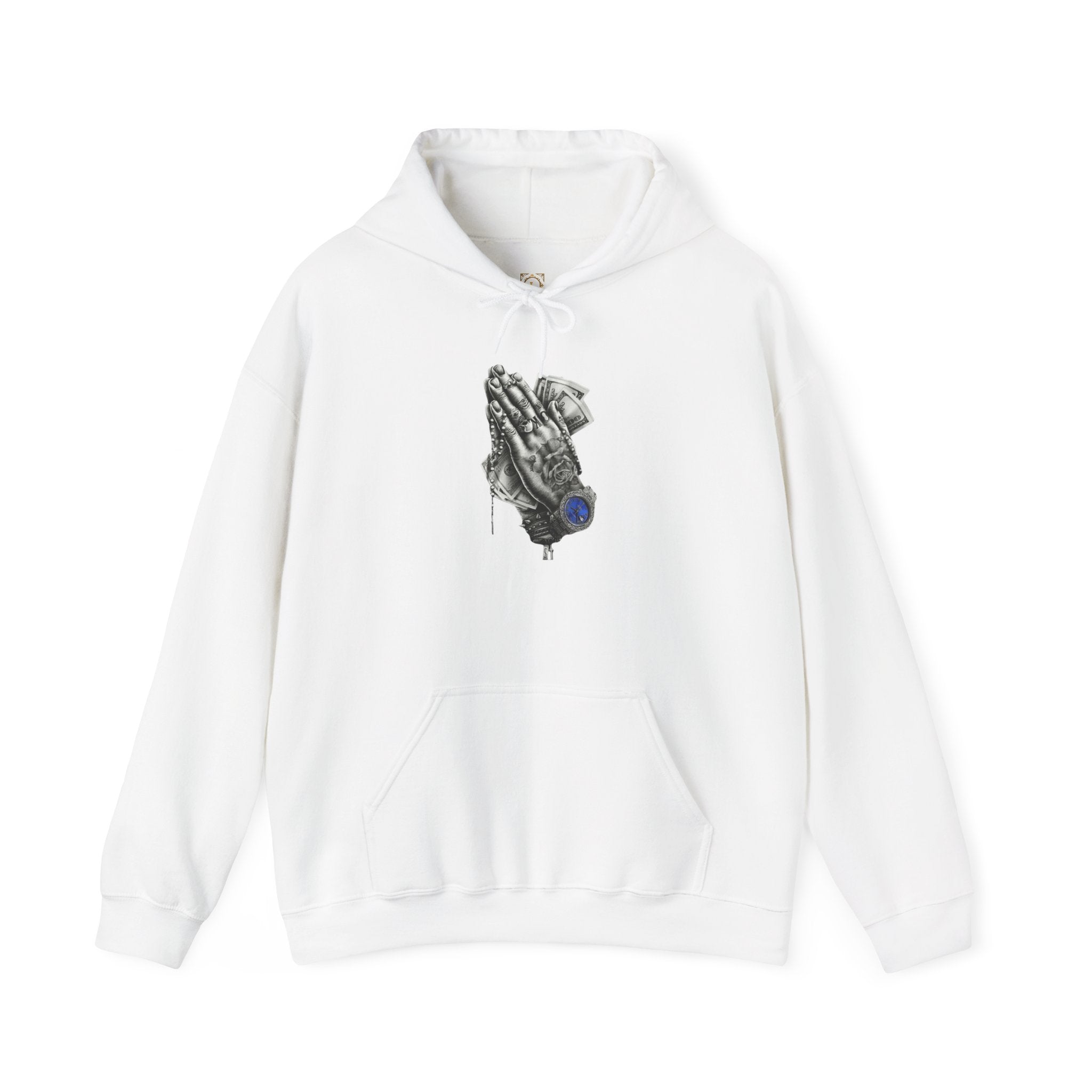 Hoodie — Praying Hands Graphic Hoodie with Blue Rose Accent