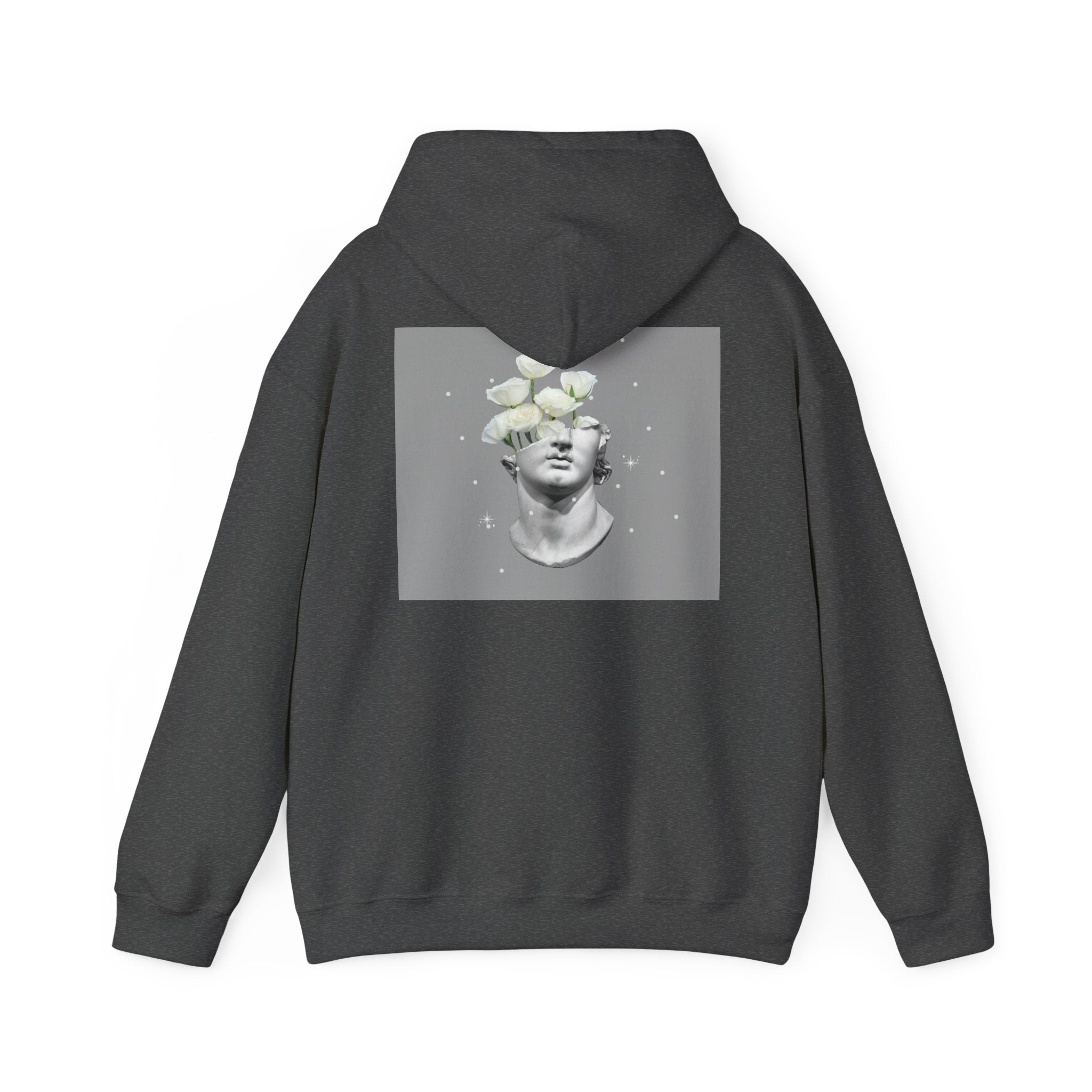 Statue Bloom Hoodie — Classical Bust with White Flowers Graphic Hoodie