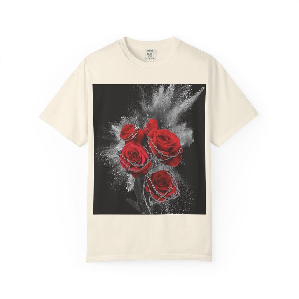 Rose Burst T-Shirt — Red Roses Graphic Tee with 'LEGACIESS' Back Logo