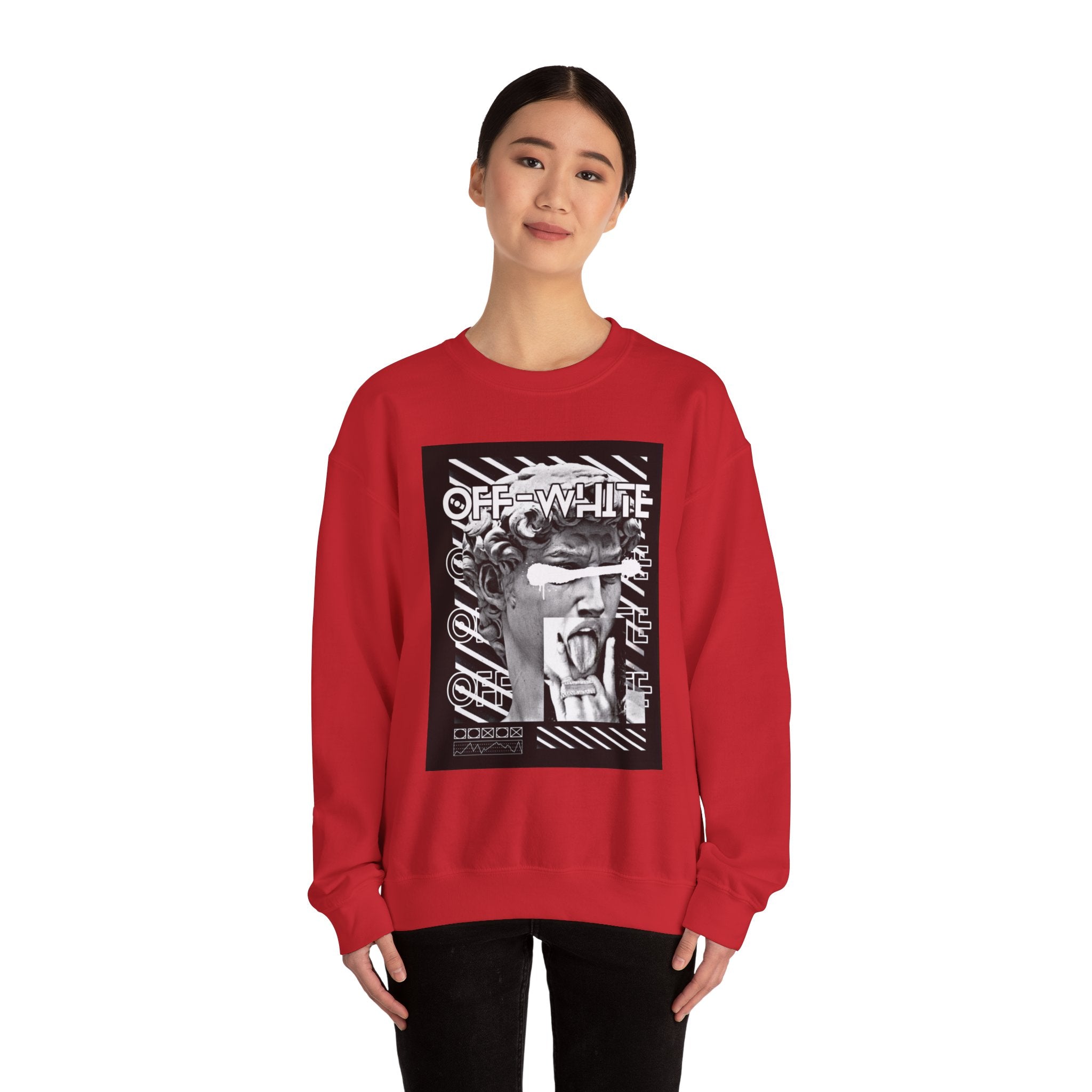 Statue Graphic Crewneck Sweatshirt — 'OFF-WHITE' Monochrome Streetwear Pullover