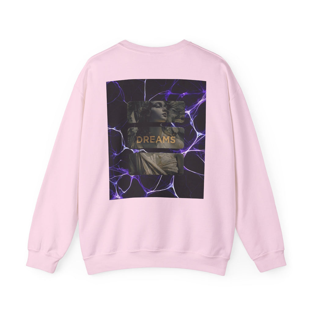 Dreams Statue Crewneck Sweatshirt — Retro Statue Graphic with Purple Lightning