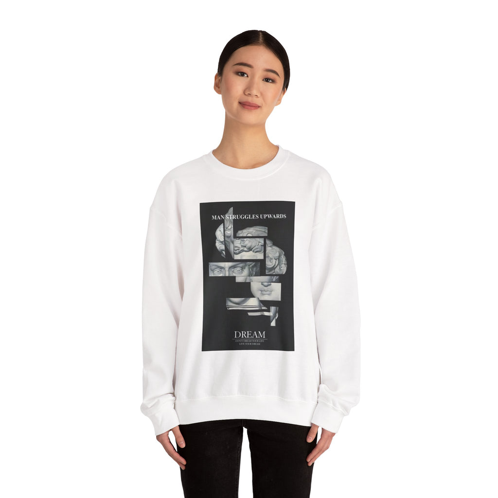 Dream Fragment Crewneck Sweatshirt — 'Man Struggles Upwards' Statue Collage
