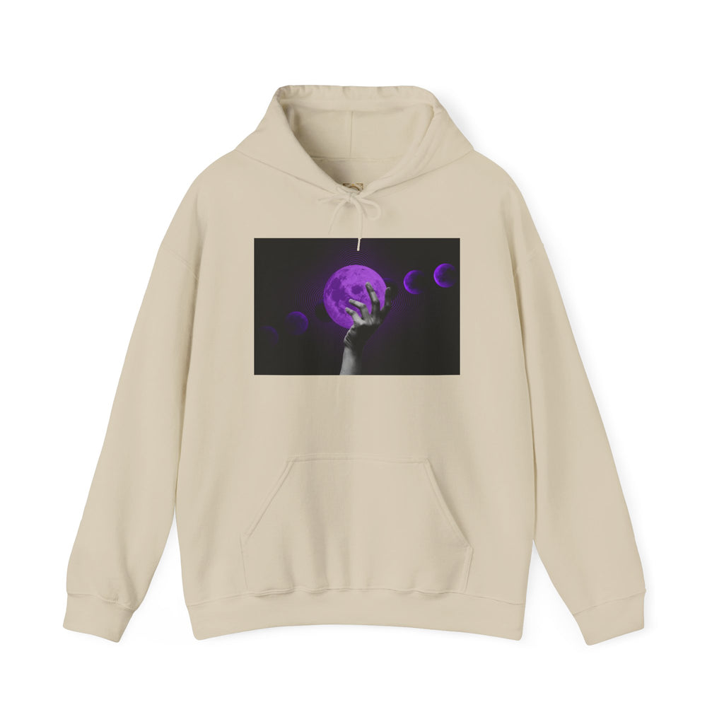 Moon Phases Hoodie — Purple Lunar Hand Graphic Pullover
