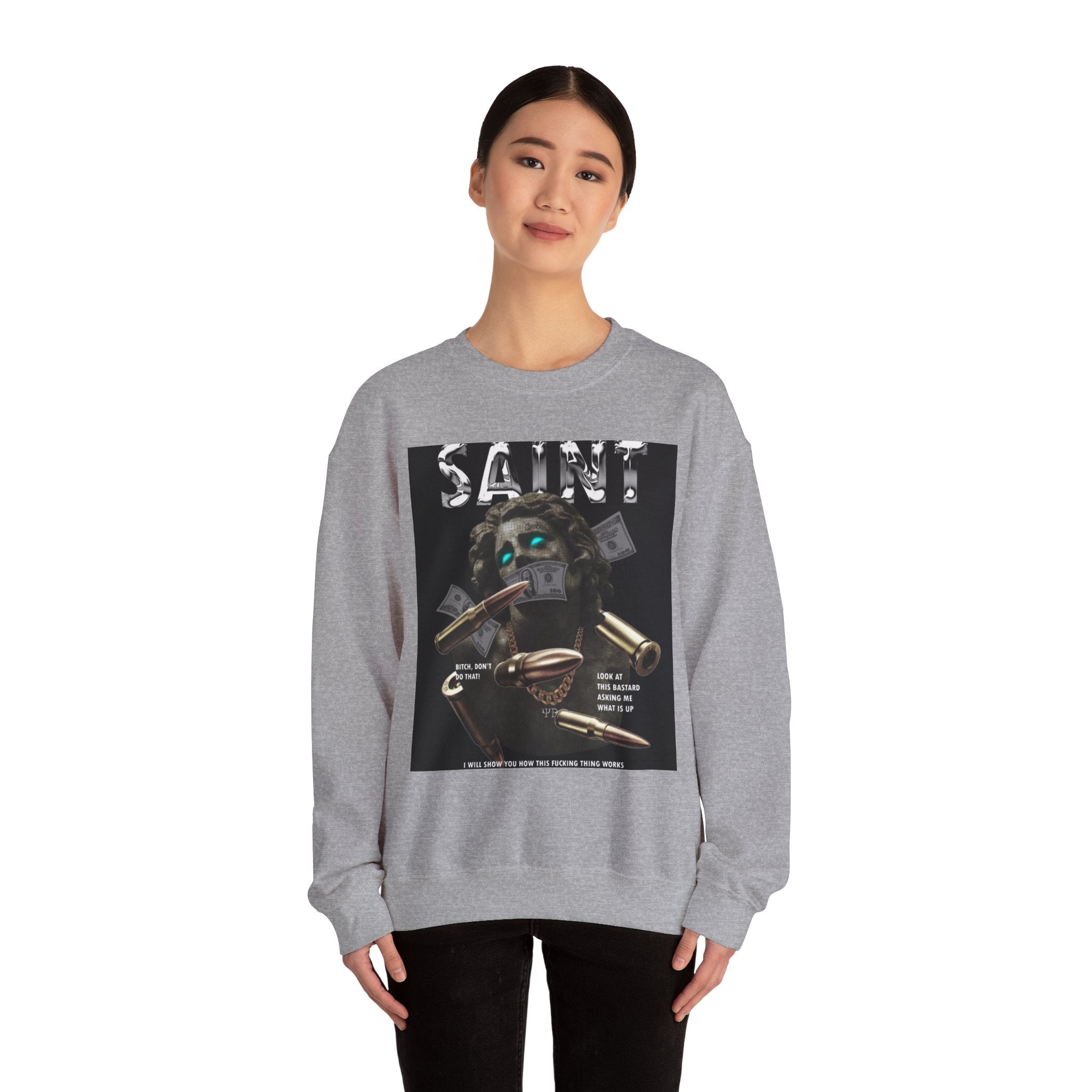 Saint Graphic Crewneck Sweatshirt — Dark Art Money Montage
