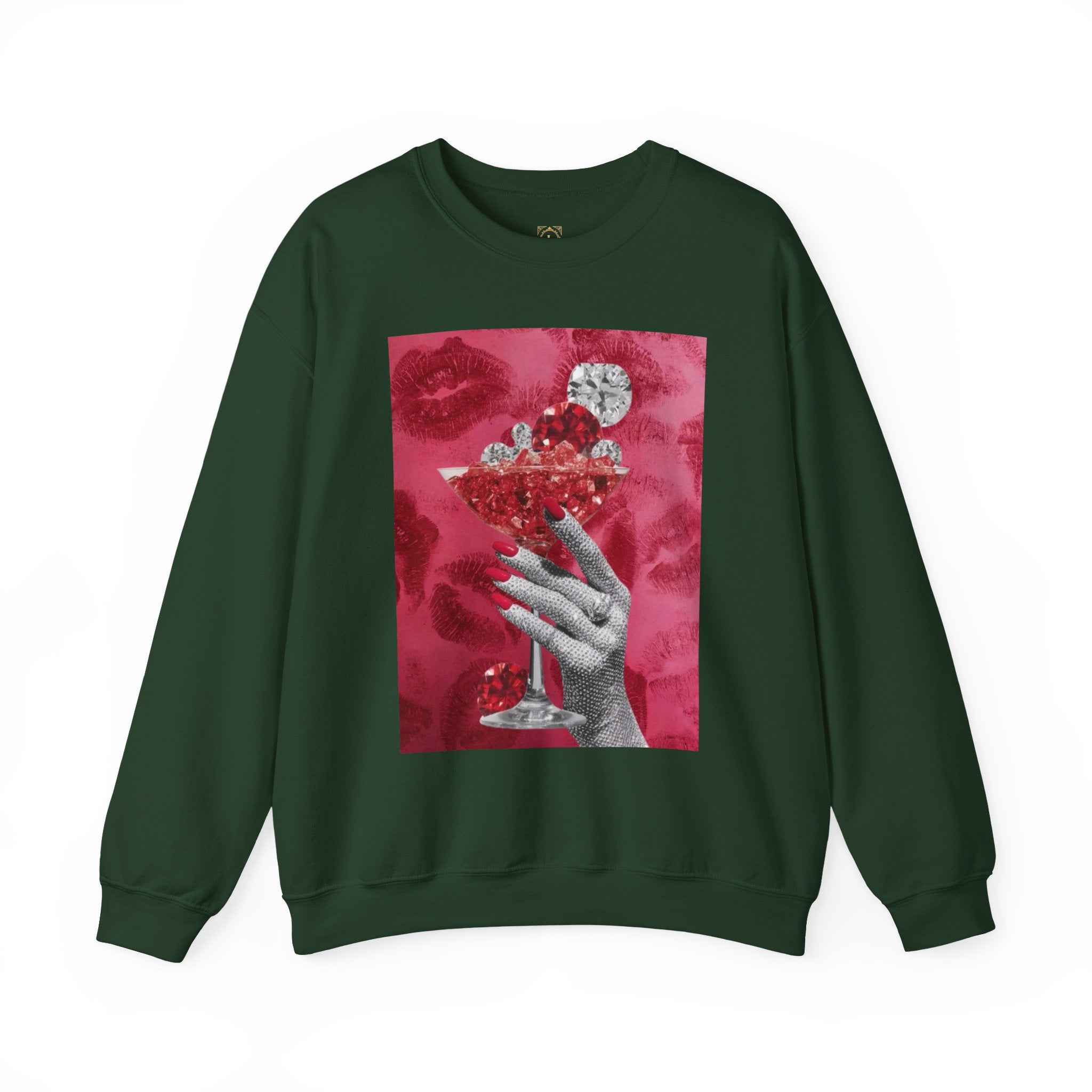 Crewneck Sweatshirt — Glamorous Red Cocktail Collage (Hand Holding Glass, Lip Print)