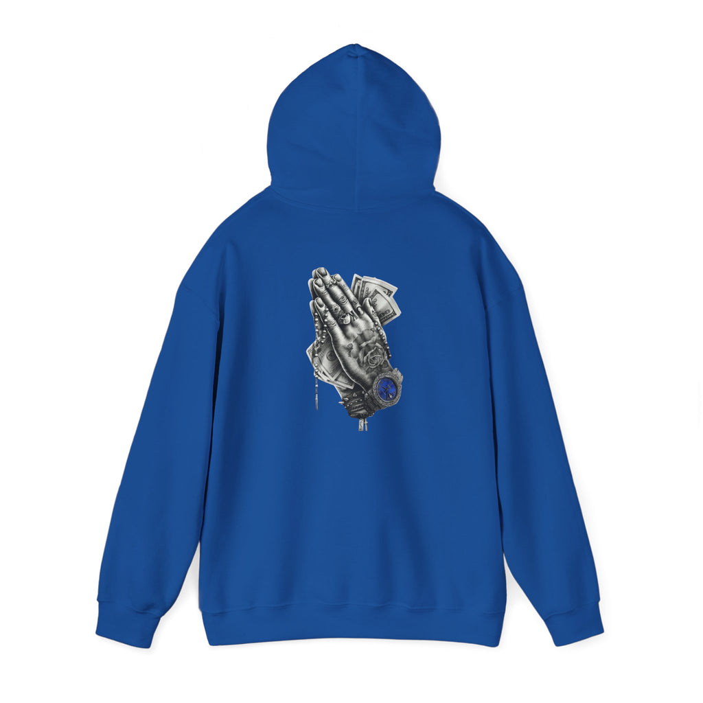 Hoodie — Praying Hands Graphic Hoodie with Blue Rose Accent