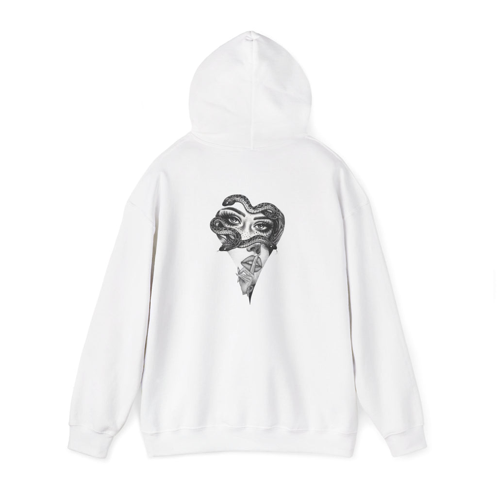 Abstract Heart Mask Hoodie — Surreal Black & White Graphic Pullover