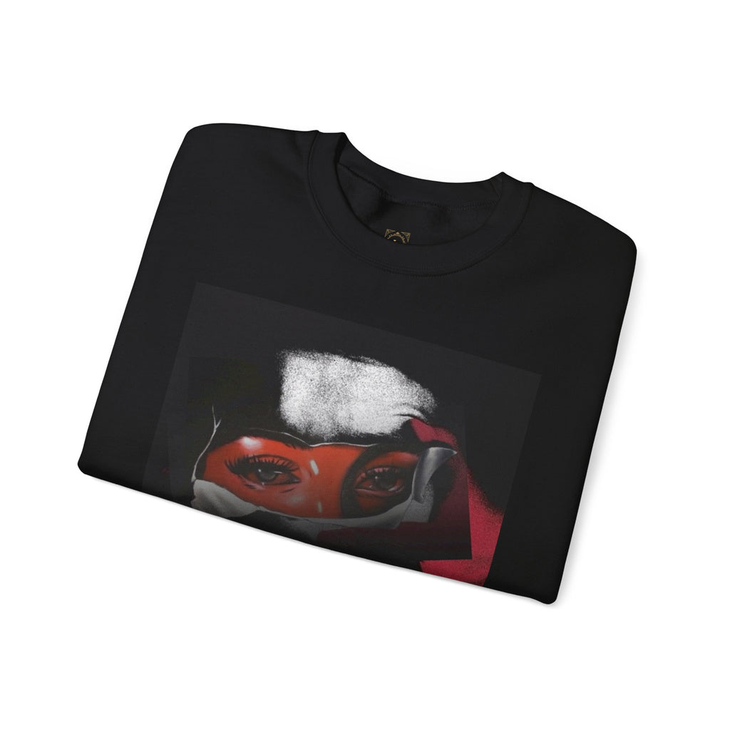 Masked Red Eyes Crewneck Sweatshirt — Graphic Streetwear with 'Legaciess' Back Logo
