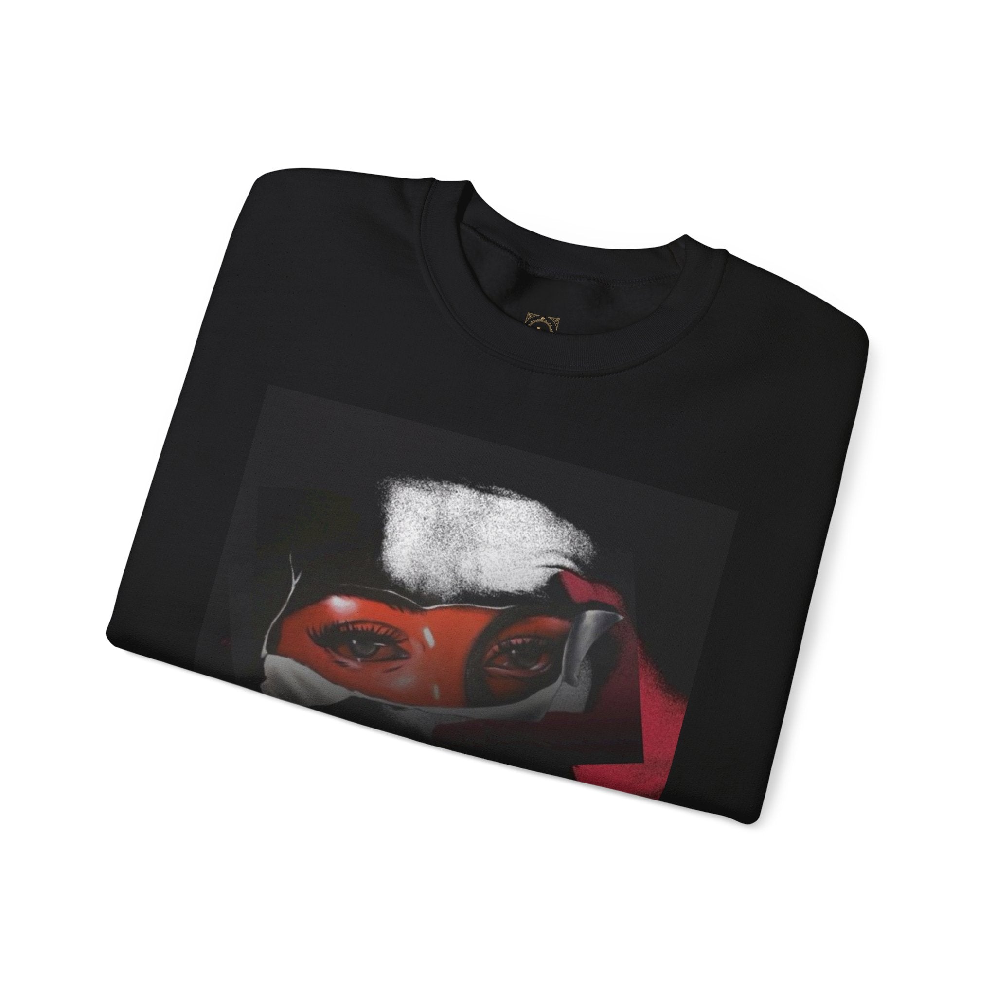 Masked Red Eyes Crewneck Sweatshirt — Graphic Streetwear with 'Legaciess' Back Logo