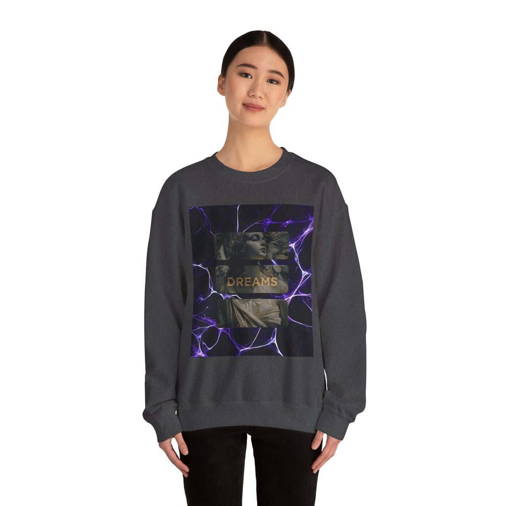 Dreams Statue Crewneck Sweatshirt — Retro Statue Graphic with Purple Lightning