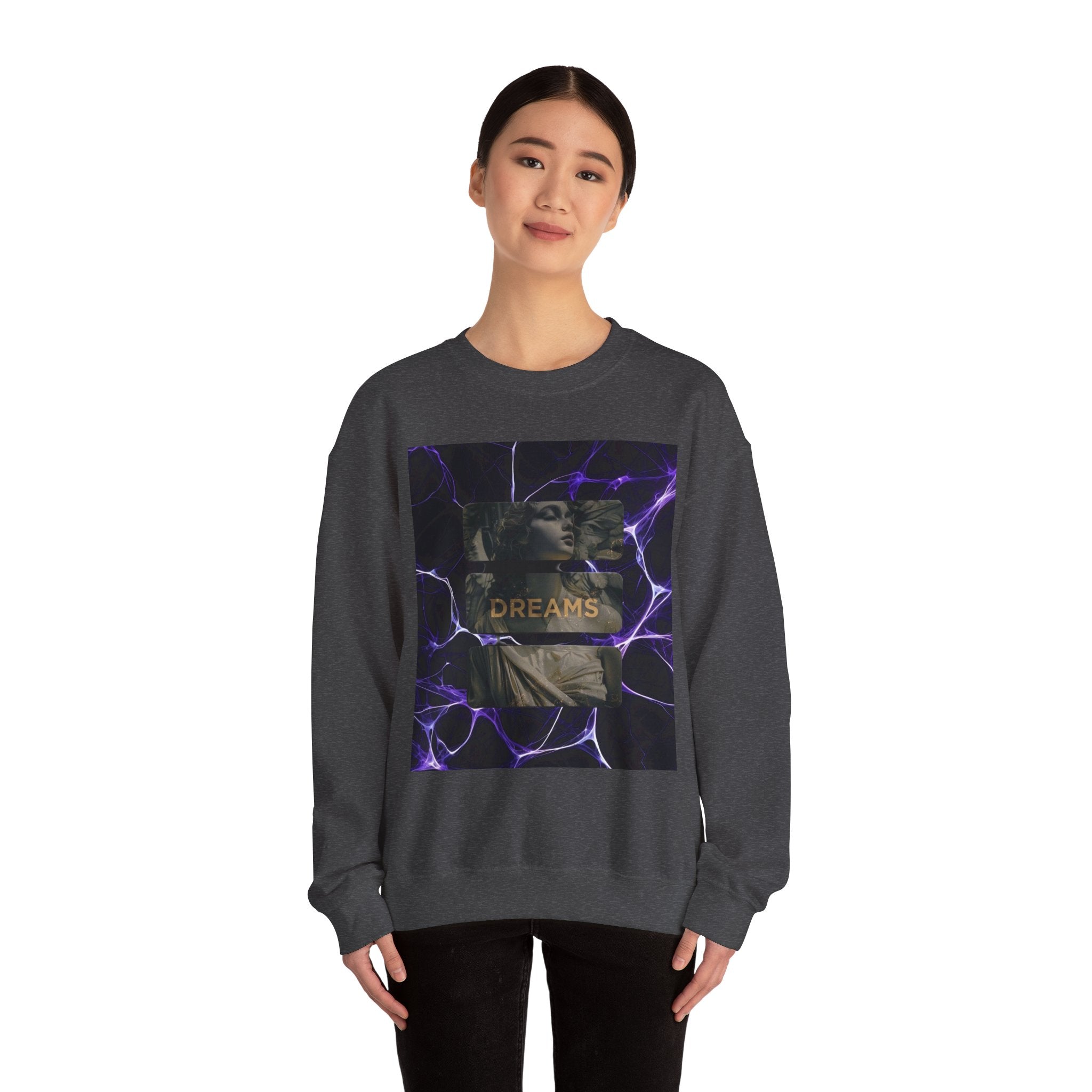 Dreams Statue Crewneck Sweatshirt — Retro Statue Graphic with Purple Lightning