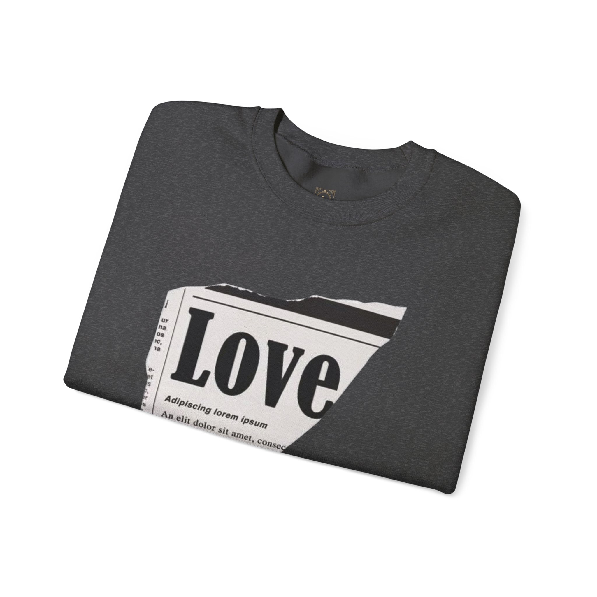 Crewneck Sweatshirt — 'Love' Newspaper Graphic with 'Oh Wait,' Text