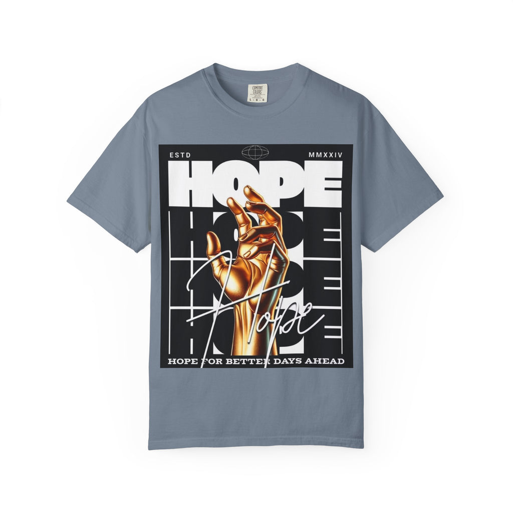 Hope Vibe Graphic T-Shirt — 'Hope for Better Days Ahead' Chest Print with Gold Hand & Back 'Legaciess' Logo