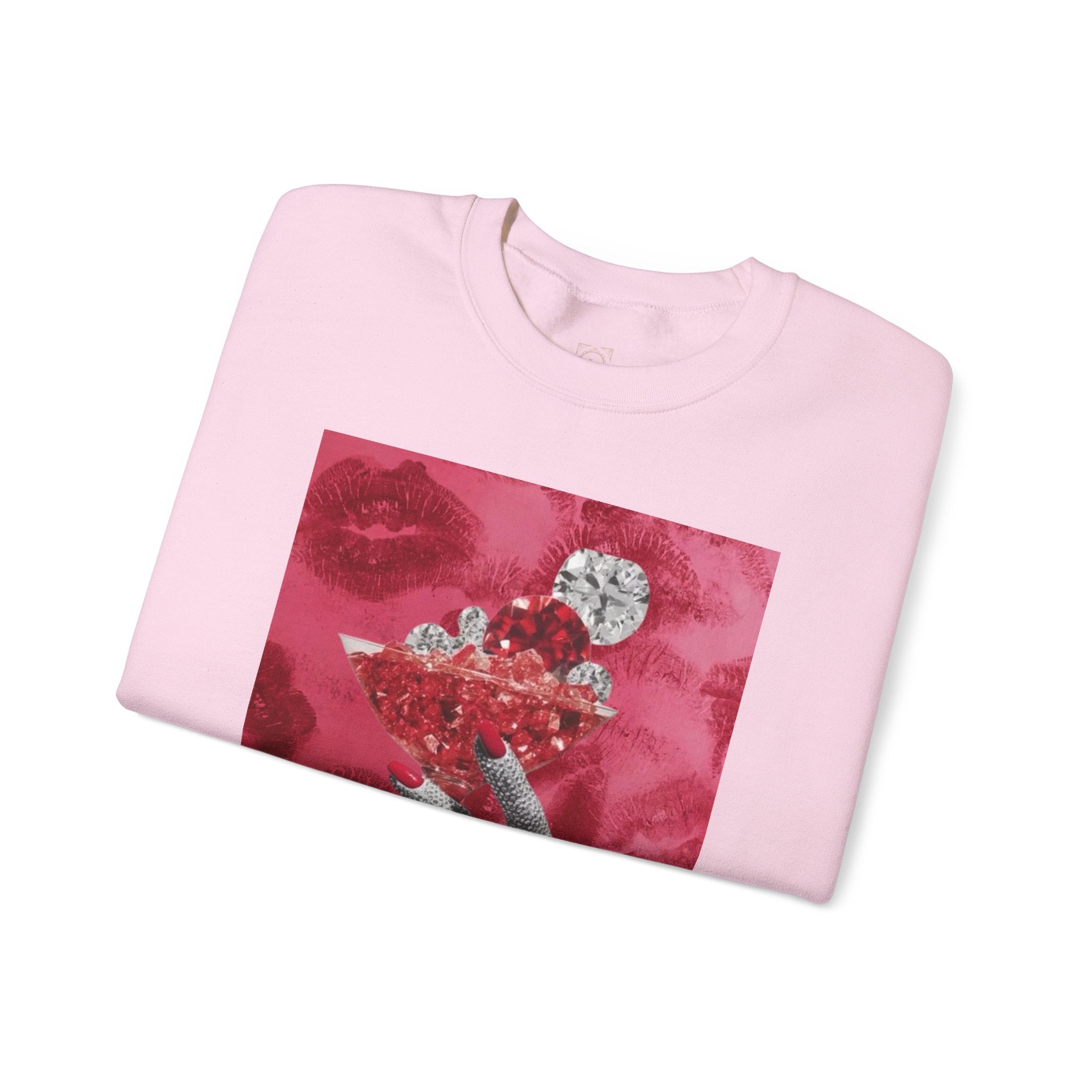 Crewneck Sweatshirt — Glamorous Red Cocktail Collage (Hand Holding Glass, Lip Print)