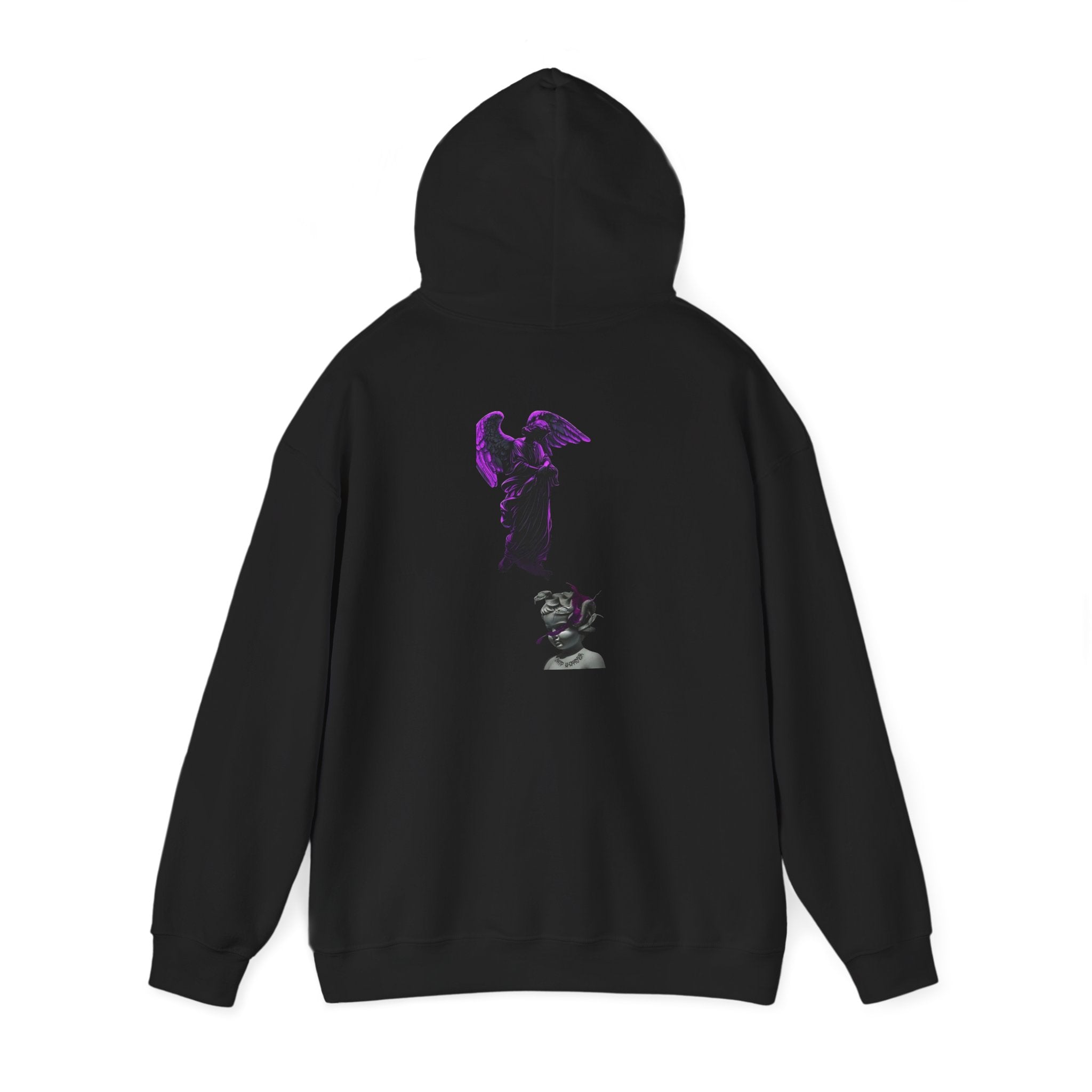 Angel Statue Hoodie — Gothic Purple Accent Sculptural Graphic Hoodie