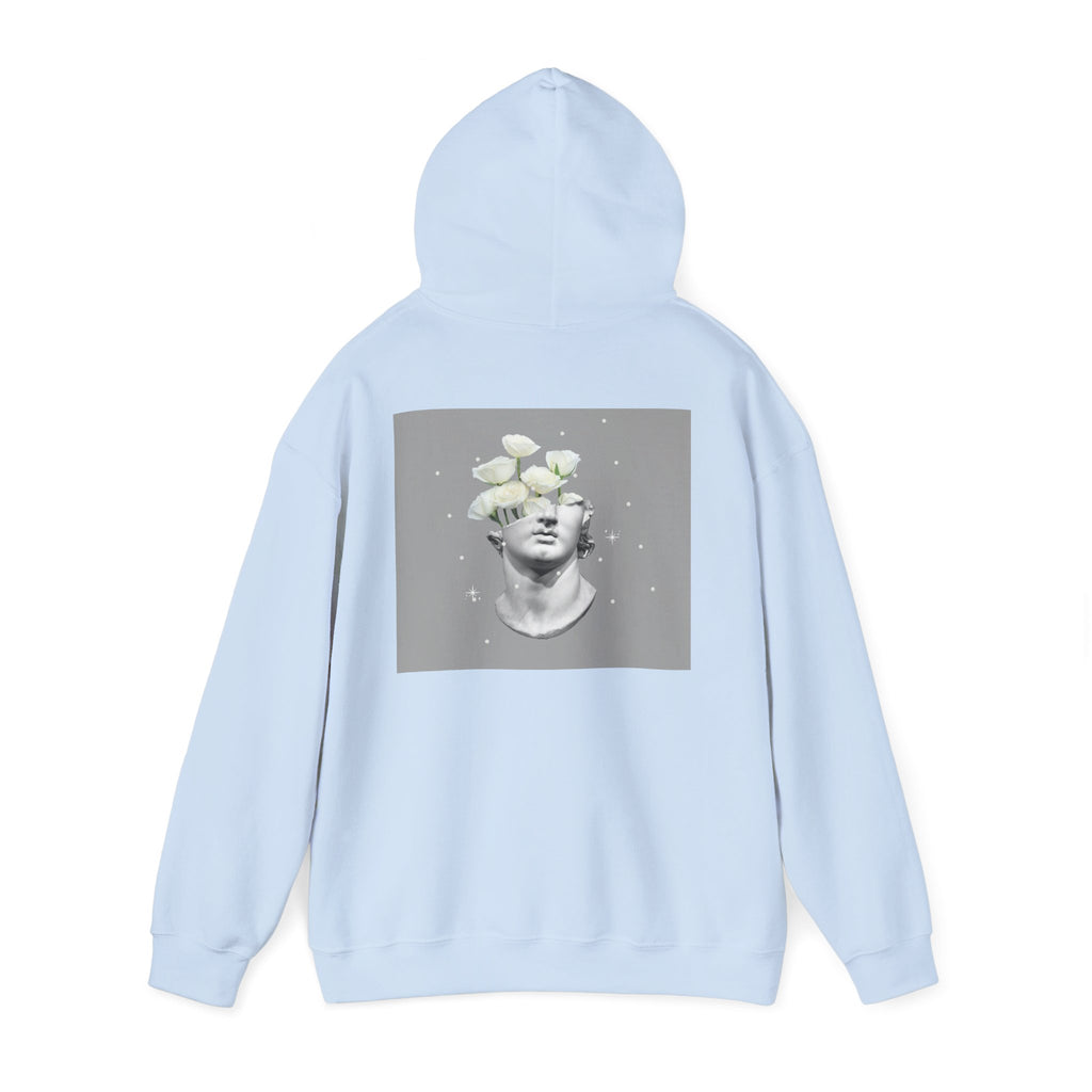 Statue Bloom Hoodie — Classical Bust with White Flowers Graphic Hoodie