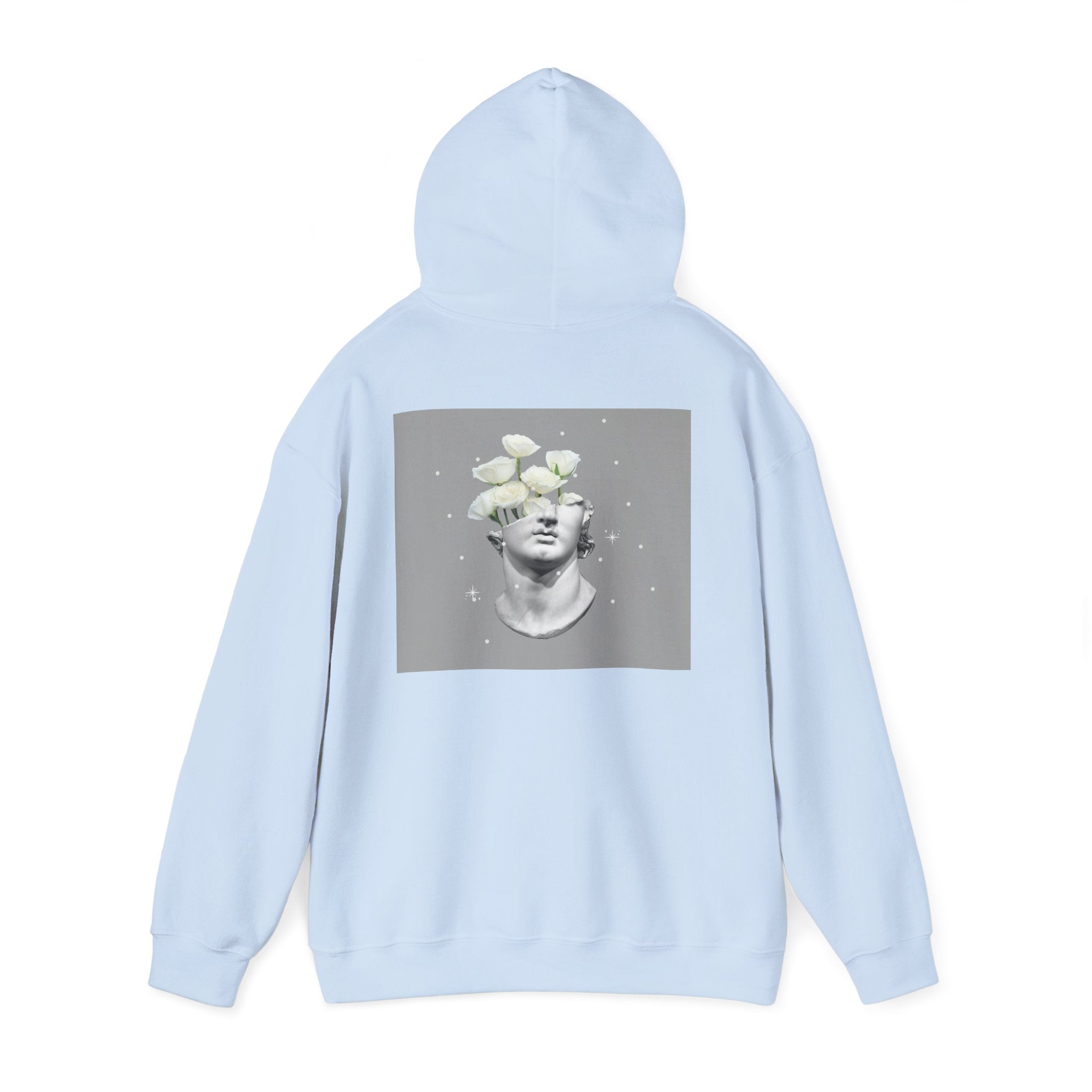 Statue Bloom Hoodie — Classical Bust with White Flowers Graphic Hoodie