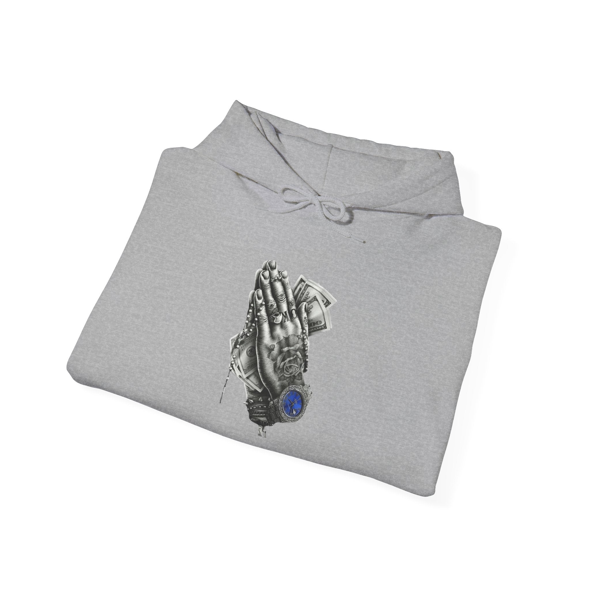 Hoodie — Praying Hands Graphic Hoodie with Blue Rose Accent