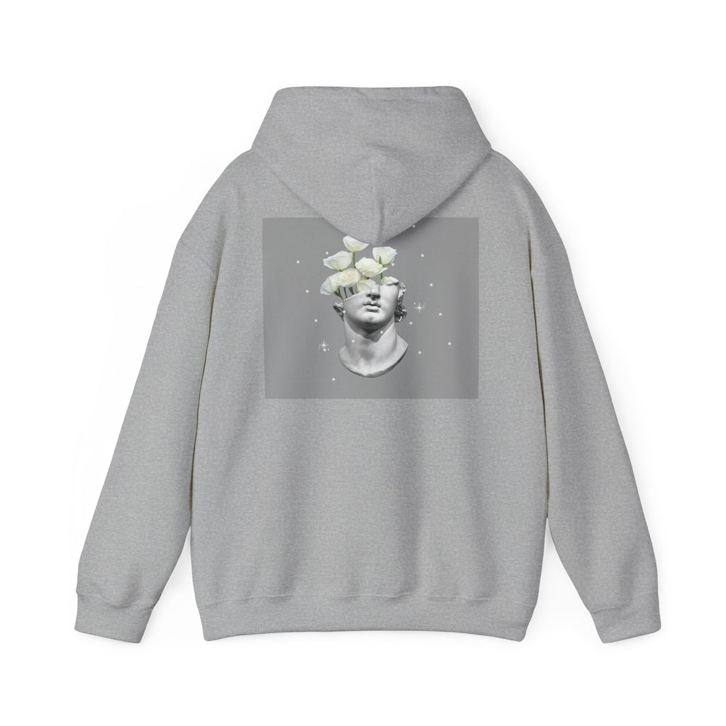 Statue Bloom Hoodie — Classical Bust with White Flowers Graphic Hoodie