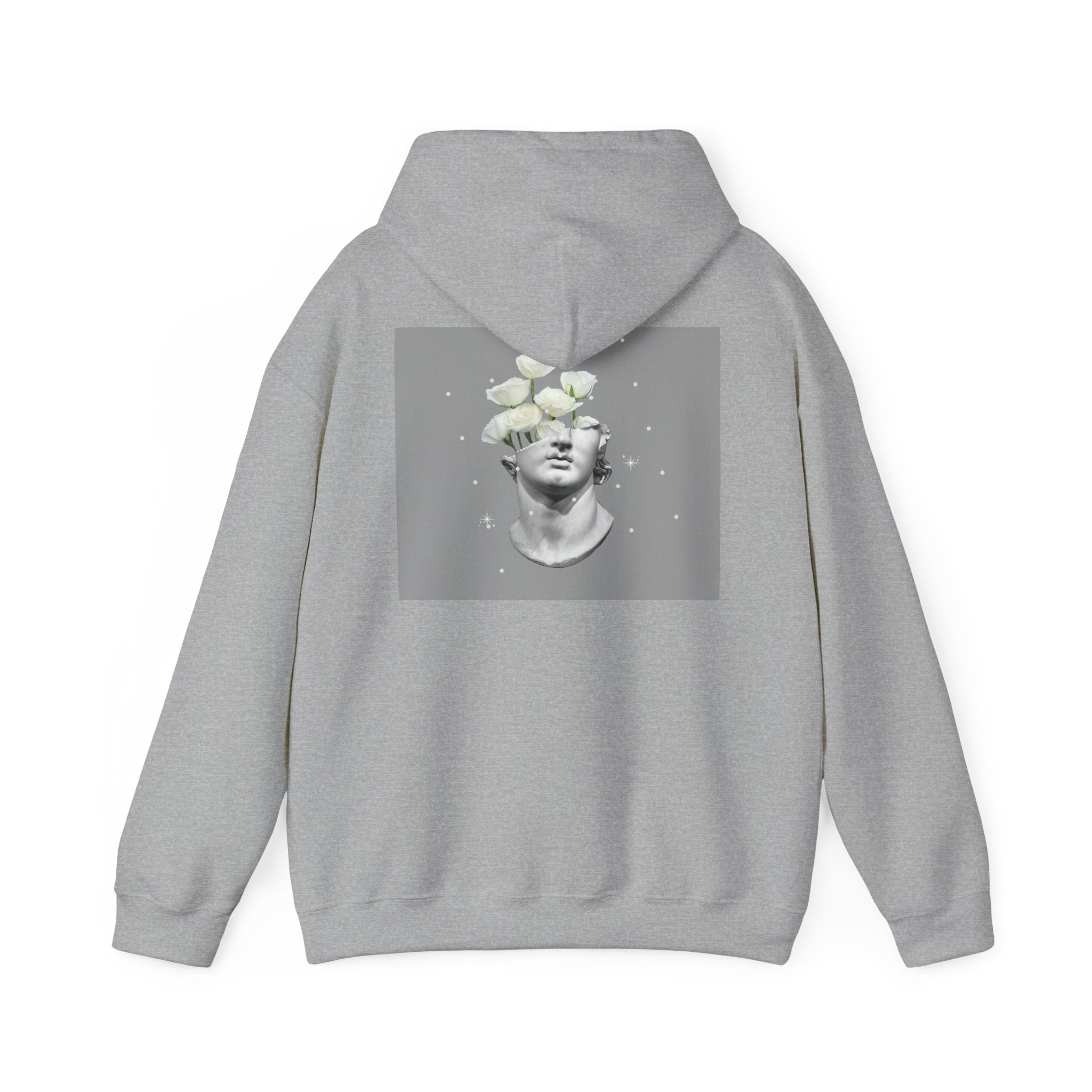 Statue Bloom Hoodie — Classical Bust with White Flowers Graphic Hoodie