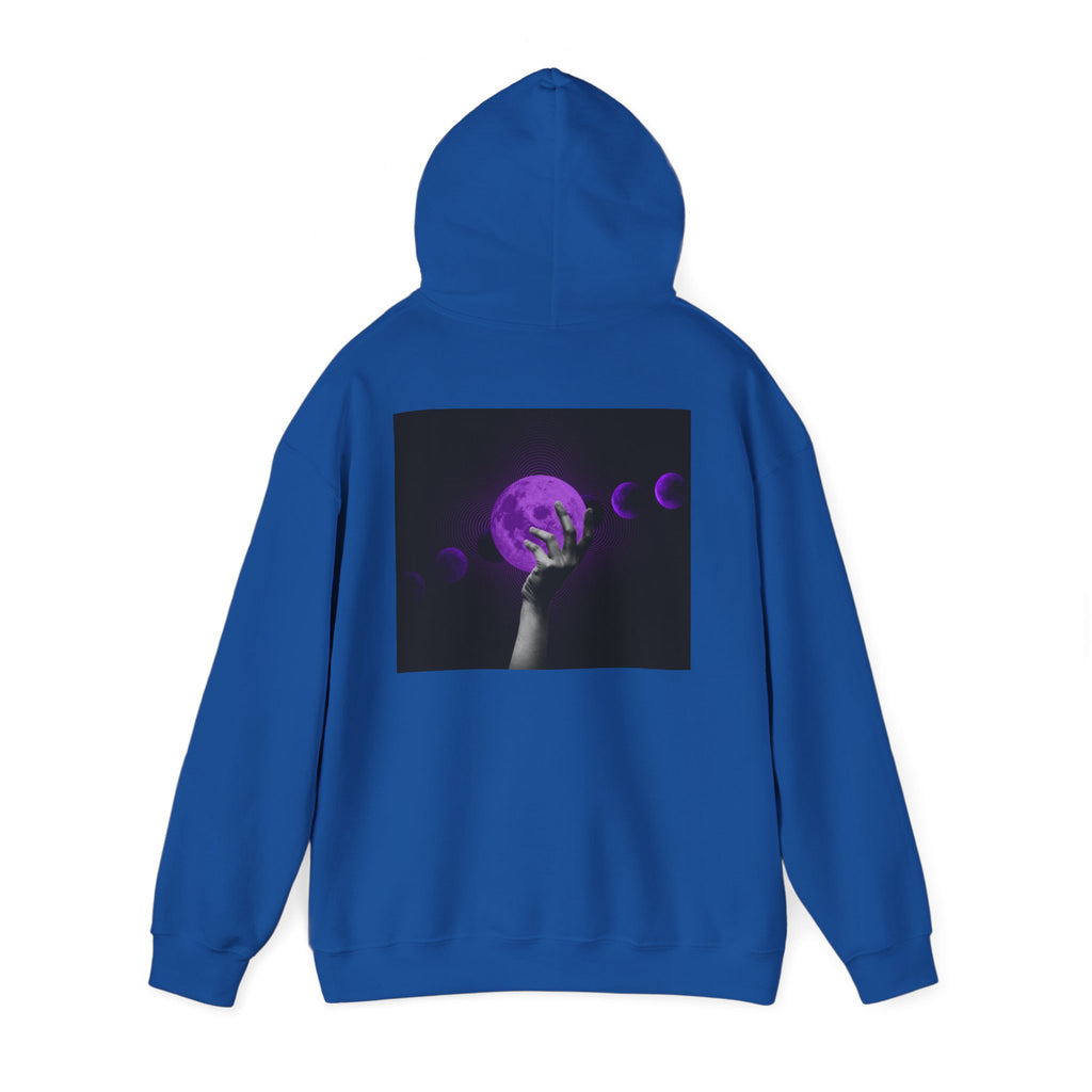 Moon Phases Hoodie — Purple Lunar Hand Graphic Pullover