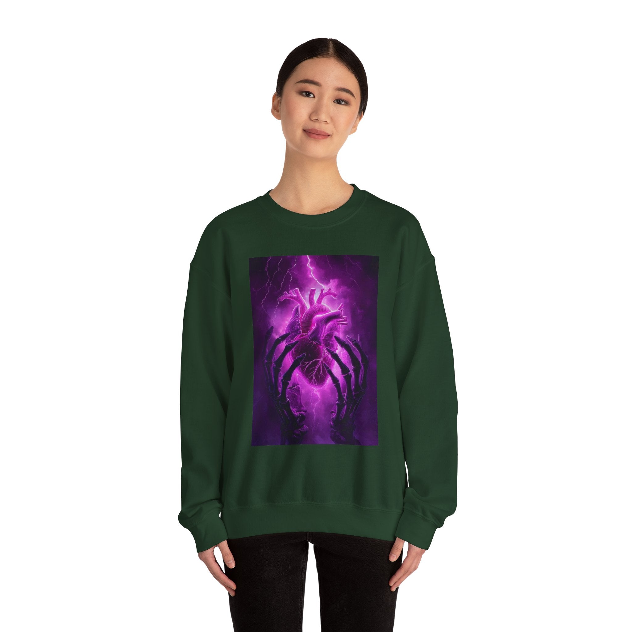 Crewneck Sweatshirt — Purple Lightning Anatomical Heart Graphic