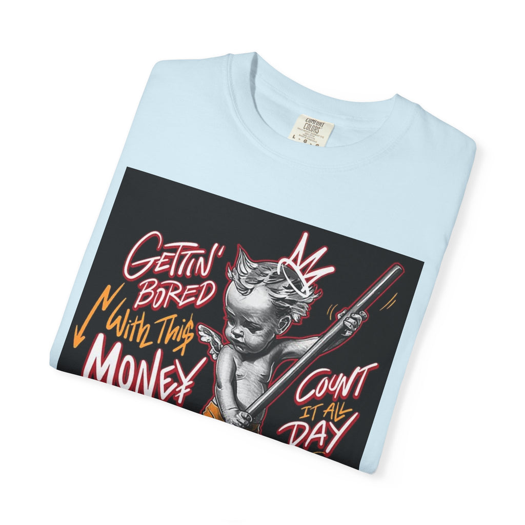 Cat Broomstick Money Tee — "Gettin' Bored With This Money" Graphic T-Shirt