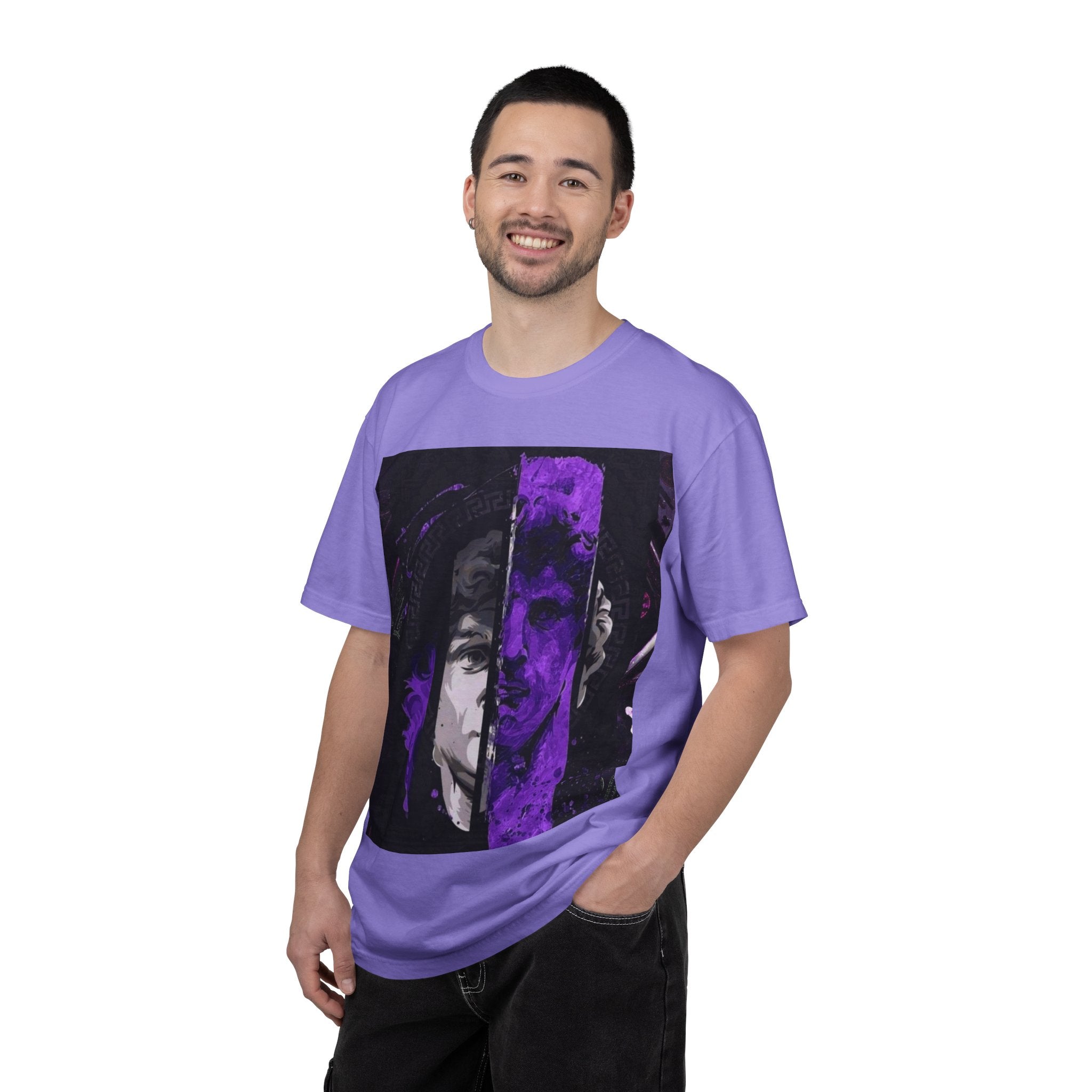 Dramatic Split-Face Graphic T-Shirt — Purple Noir Portrait Tee