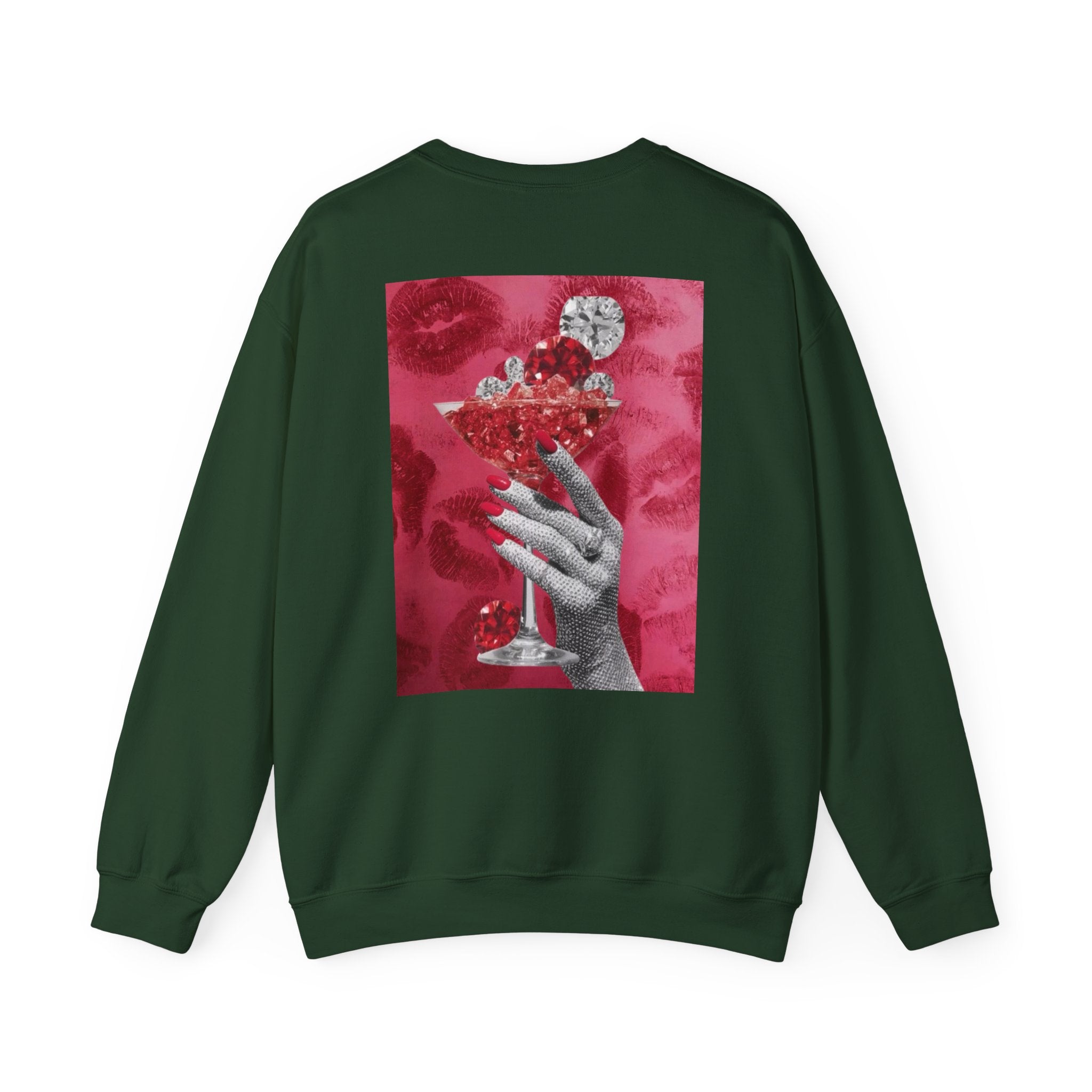 Crewneck Sweatshirt — Glamorous Red Cocktail Collage (Hand Holding Glass, Lip Print)