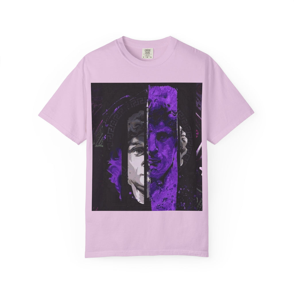 Dramatic Split-Face Graphic T-Shirt — Purple Noir Portrait Tee